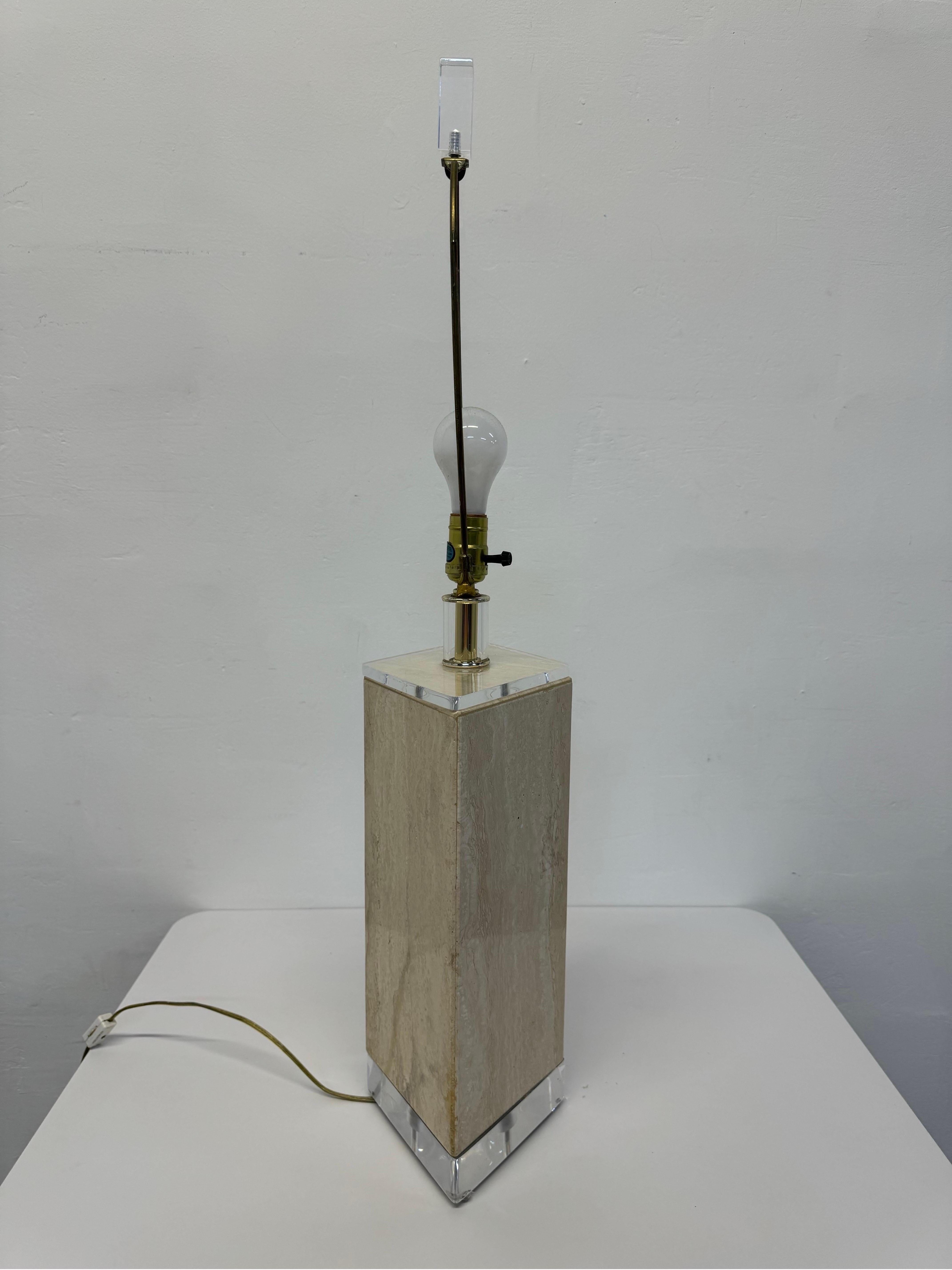 American Polished Travertine and Lucite Table Lamp by Bauer Lamp Company, 1970s For Sale