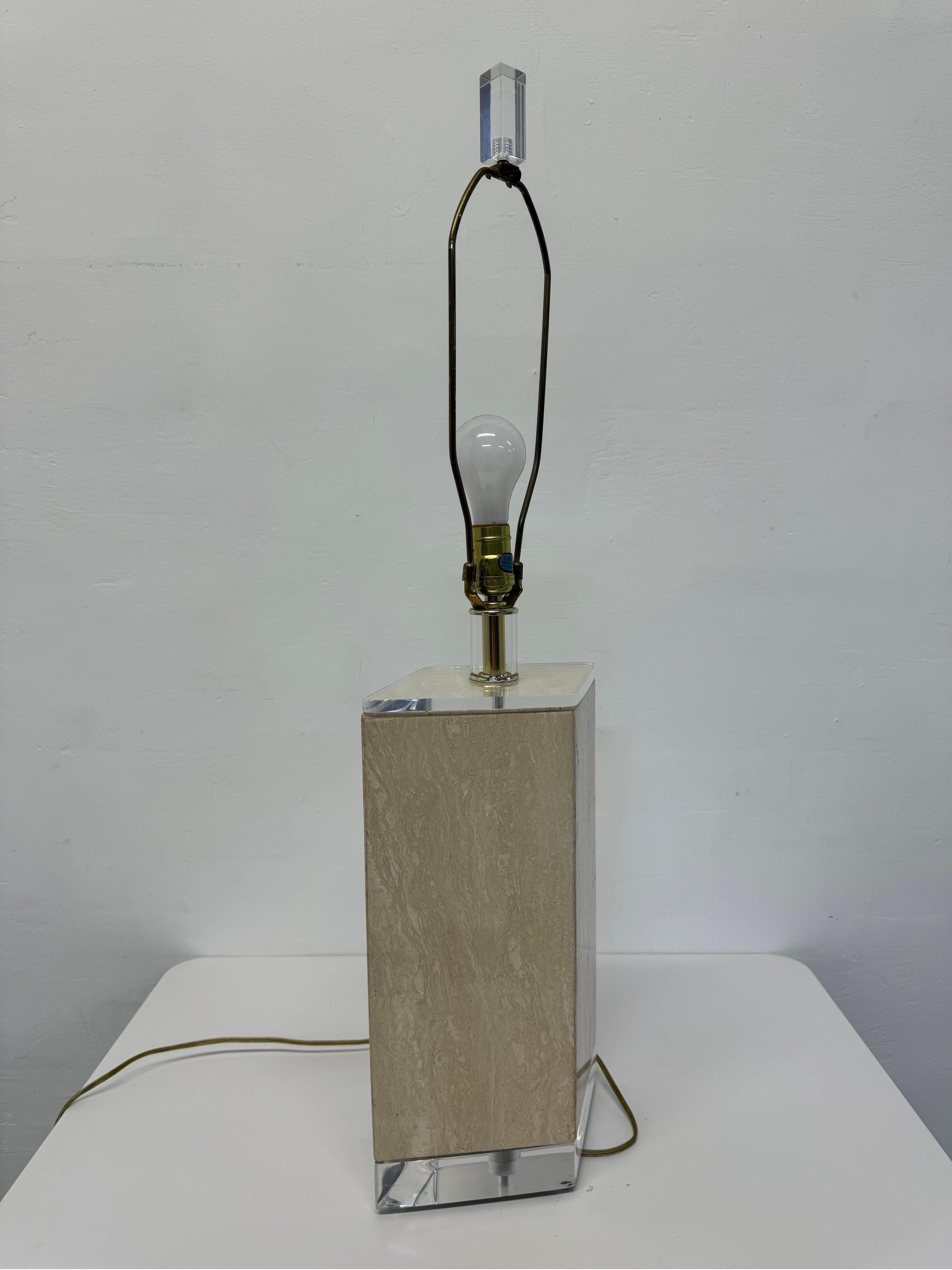 20th Century Polished Travertine and Lucite Table Lamp by Bauer Lamp Company, 1970s For Sale