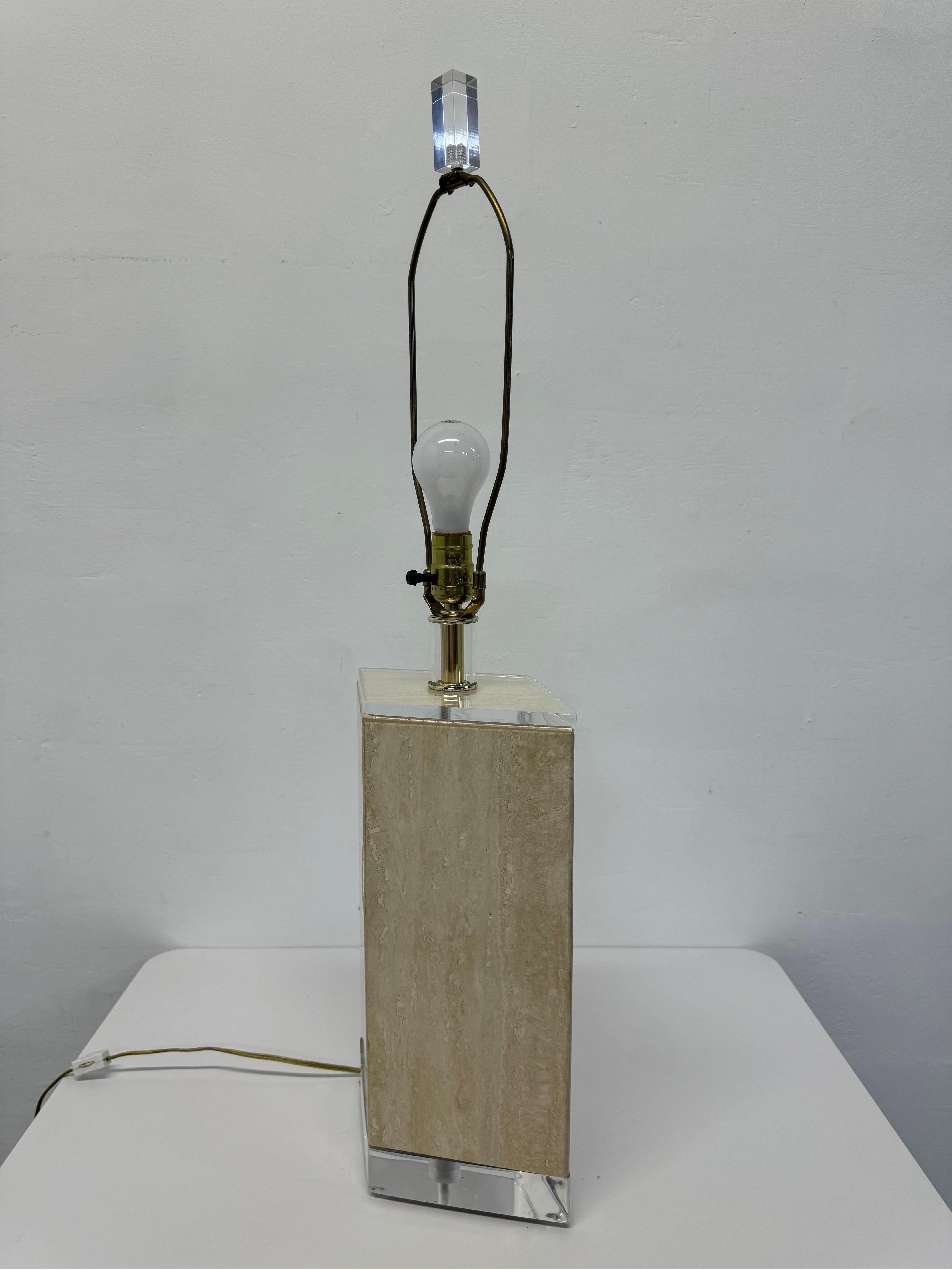Polished Travertine and Lucite Table Lamp by Bauer Lamp Company, 1970s For Sale 1