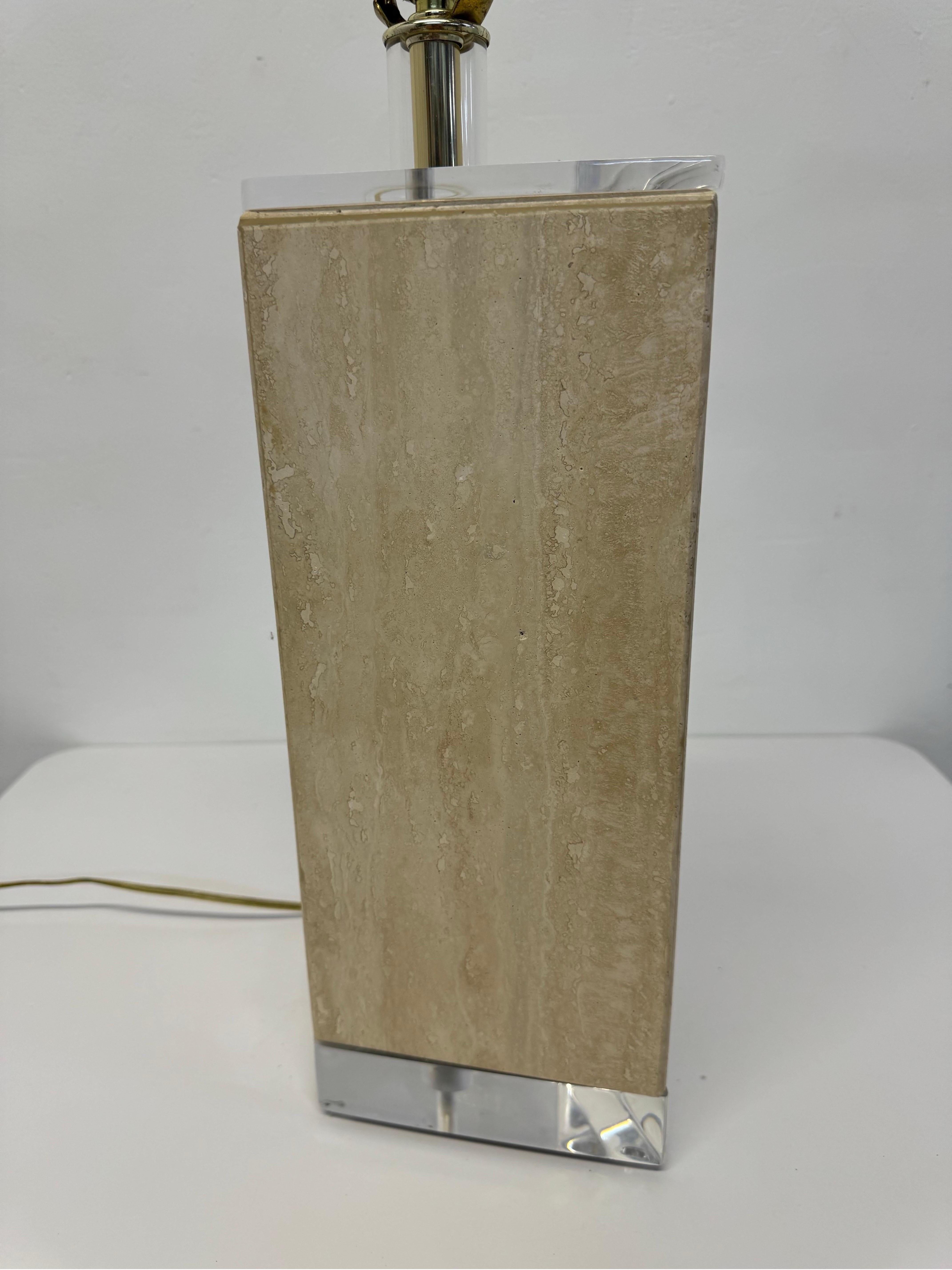 Polished Travertine and Lucite Table Lamp by Bauer Lamp Company, 1970s For Sale 2