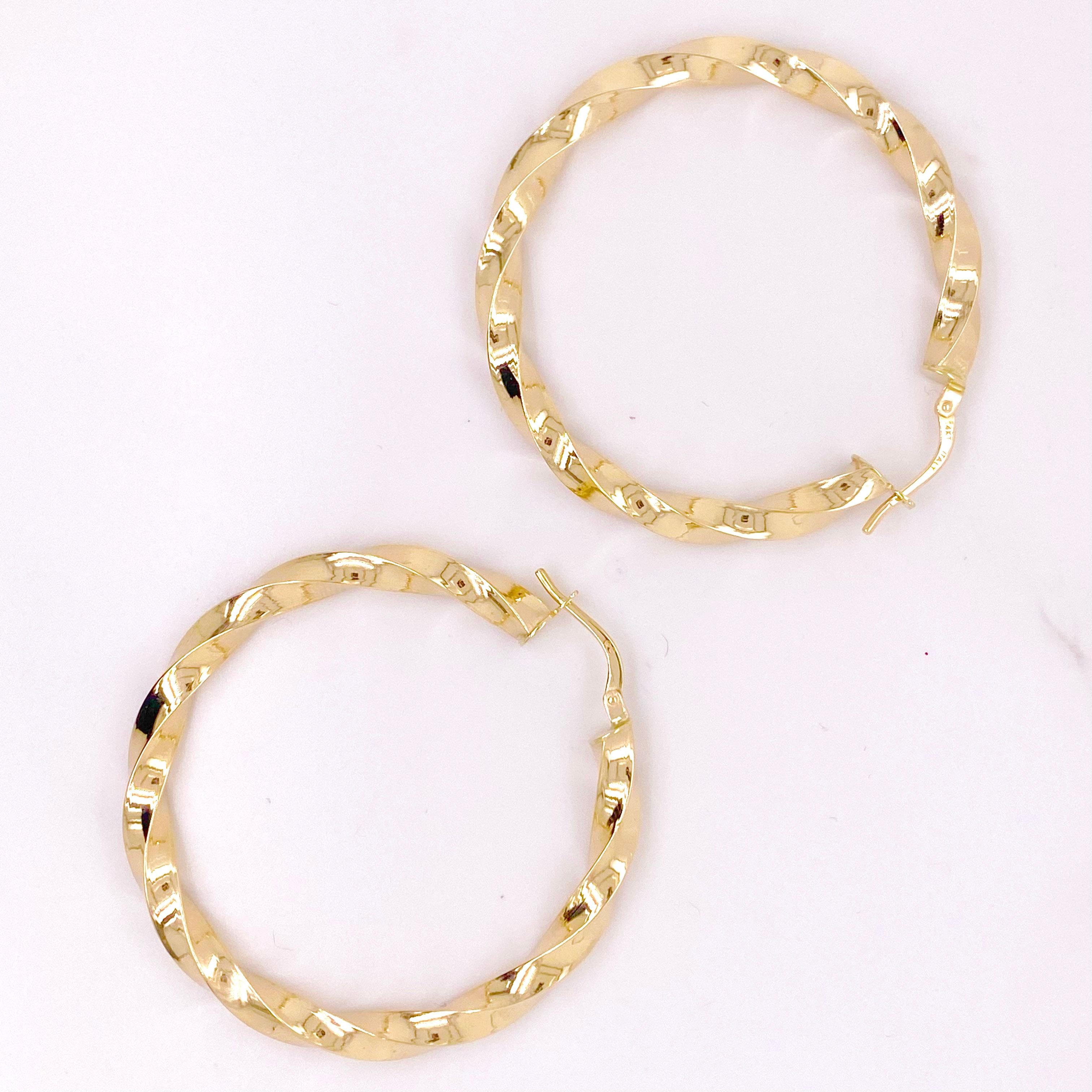 Gold hoops are a jewelry staple! These hoop earrings are the perfect addition to any fine jewelry collection. With a classic design and unique twist texture and high polish hoops are so versatile! Wear them everyday, casually or save them for a