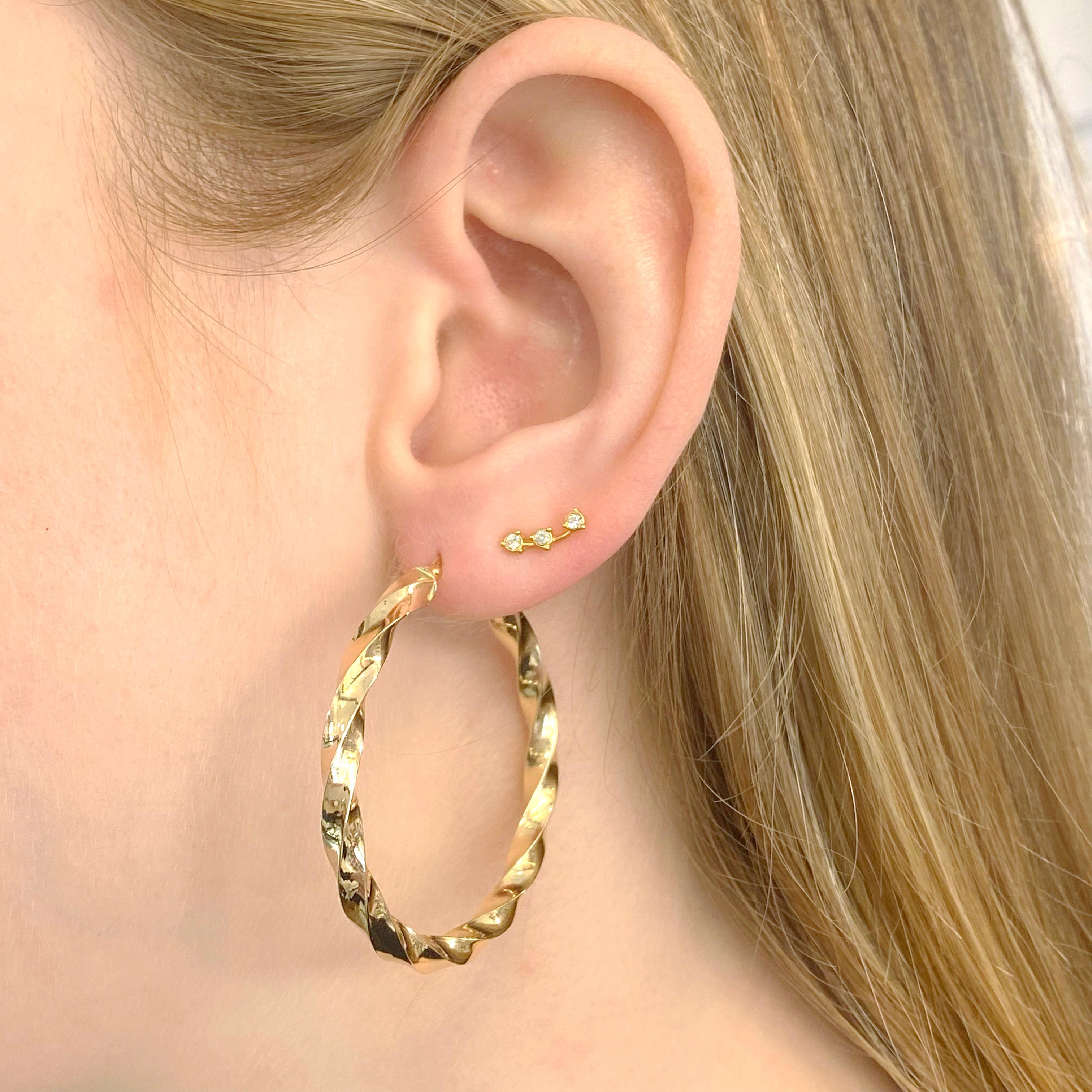 Contemporary 40mm Twisted Hoop Earrings, 4mm Wide 14K Yellow Gold Large Polished Twist Hoops For Sale