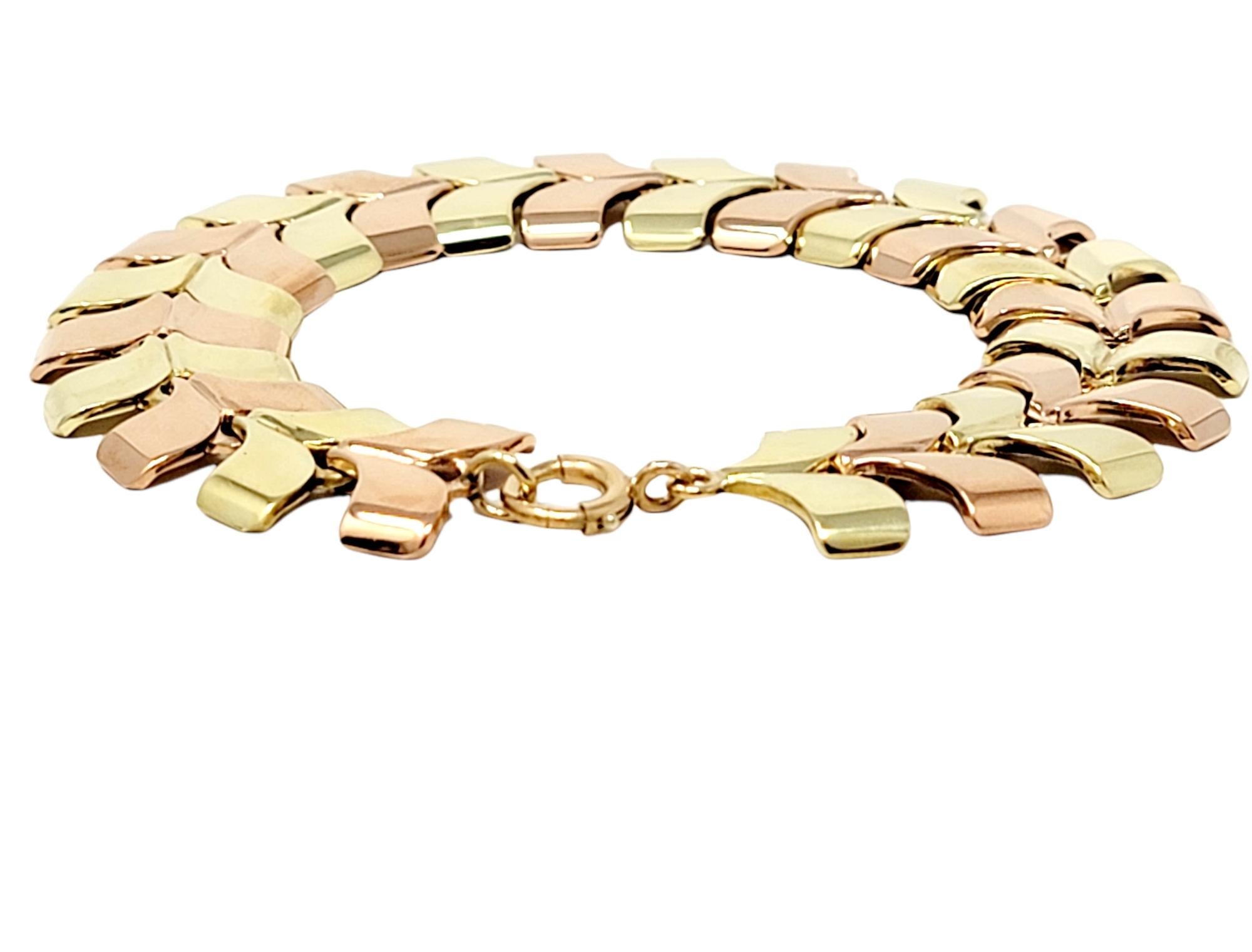 Polished Two-Tone 14 Karat Yellow and Rose Gold Chevron Style Link Bracelet For Sale 1