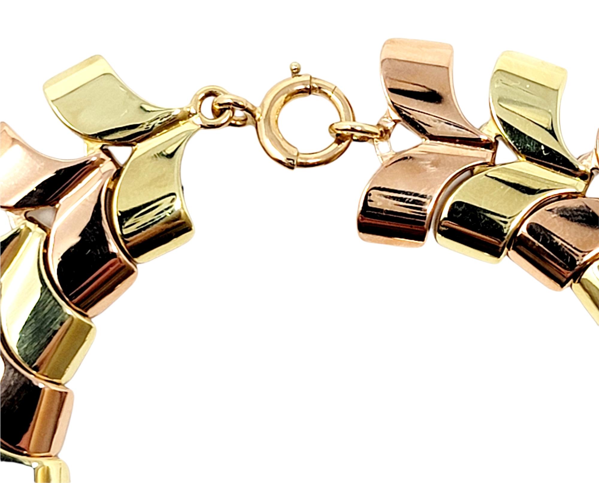 Polished Two-Tone 14 Karat Yellow and Rose Gold Chevron Style Link Bracelet For Sale 2