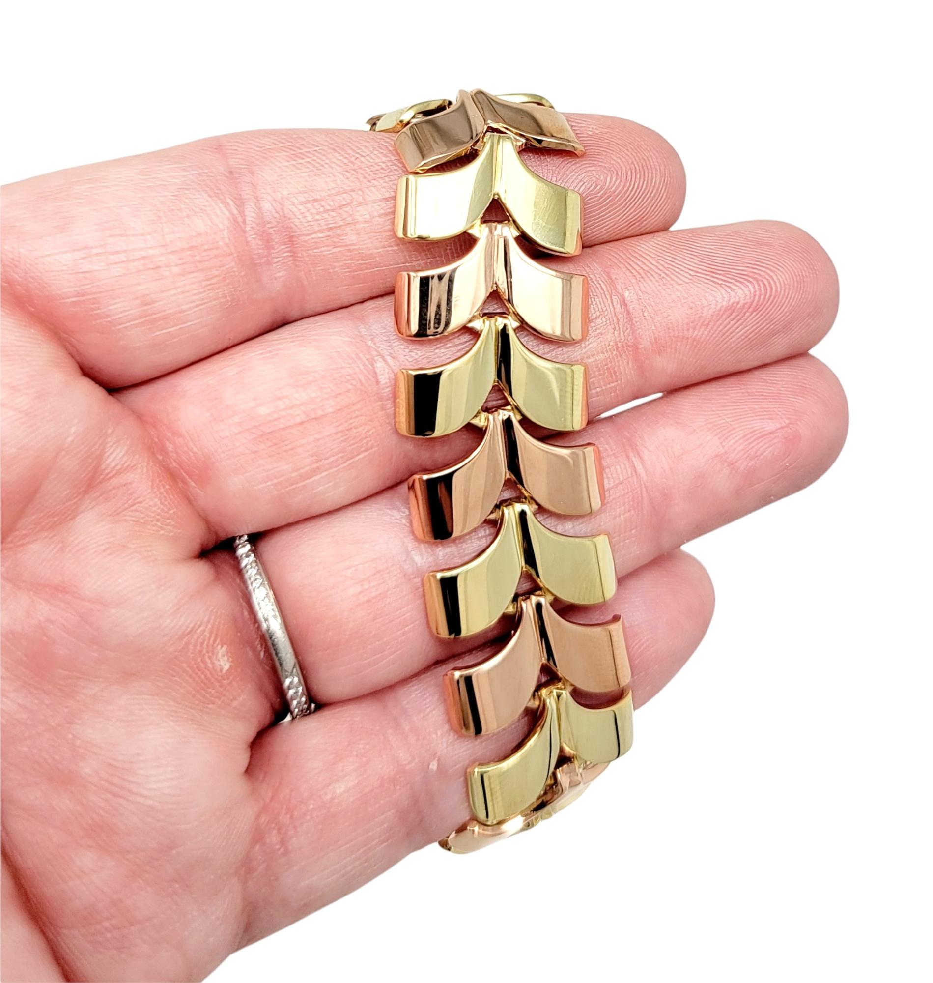Polished Two-Tone 14 Karat Yellow and Rose Gold Chevron Style Link Bracelet For Sale 4