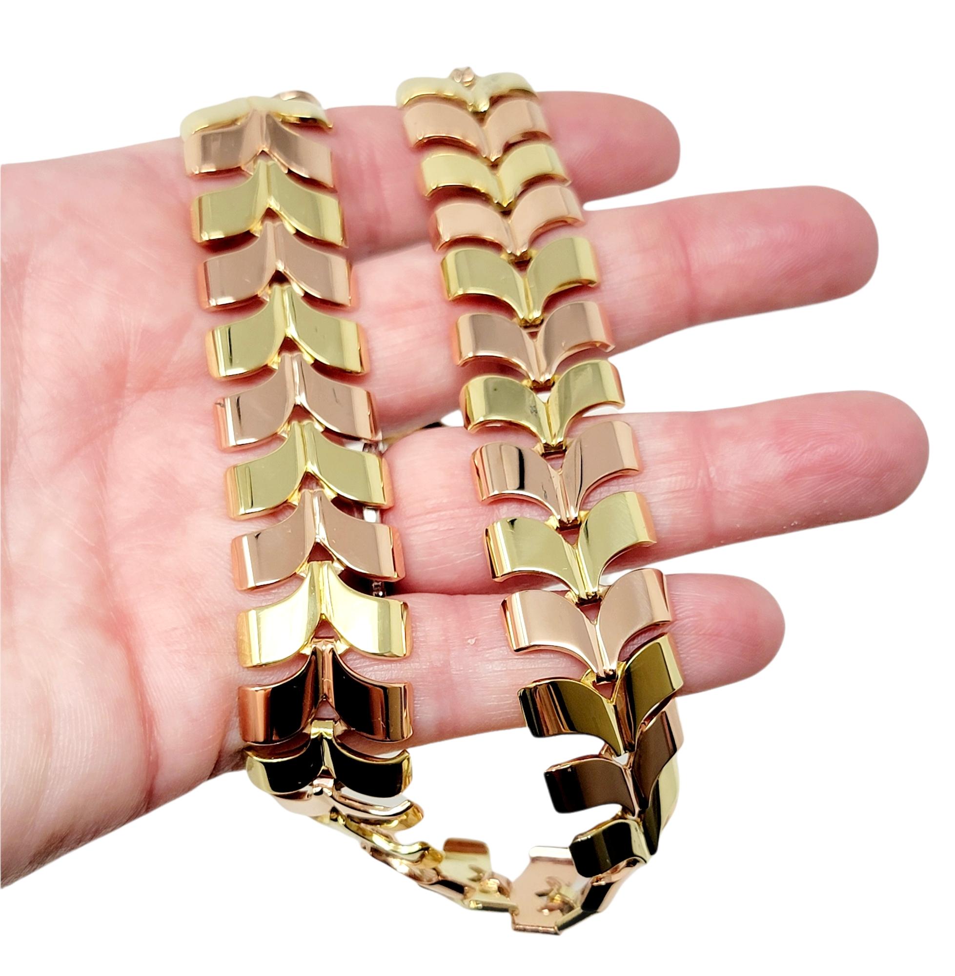 Polished Two-Tone 14 Karat Yellow and Rose Gold Chevron Style Wide Link Necklace For Sale 2