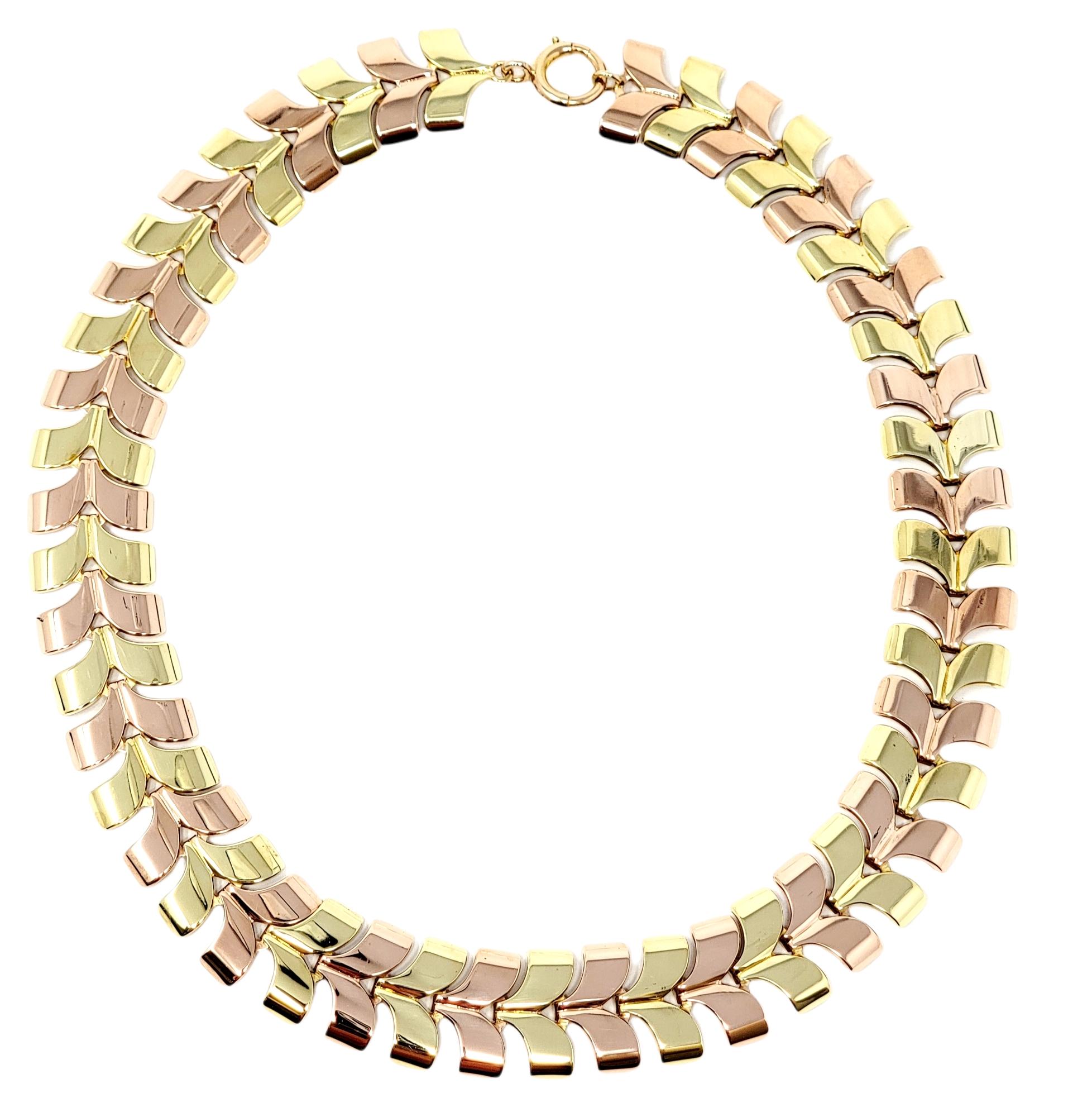 Polished Two-Tone 14 Karat Yellow and Rose Gold Chevron Style Wide Link Necklace For Sale 4