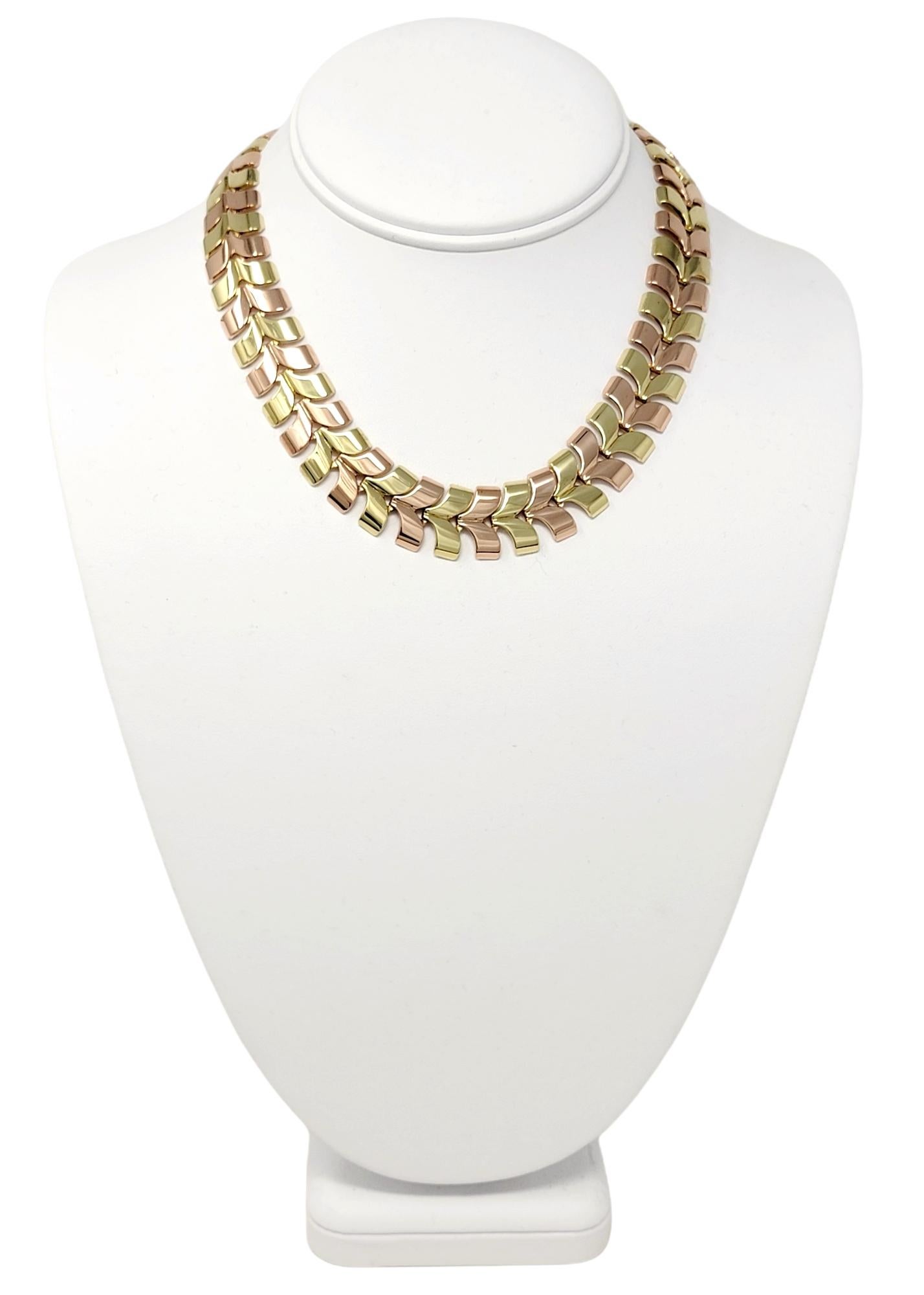 Contemporary Polished Two-Tone 14 Karat Yellow and Rose Gold Chevron Style Wide Link Necklace For Sale