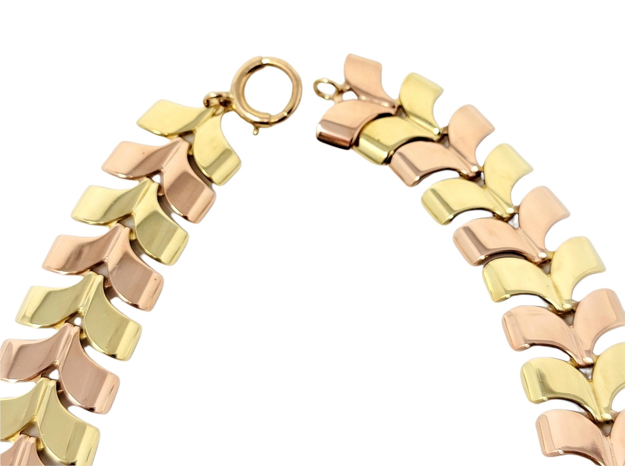 Polished Two-Tone 14 Karat Yellow and Rose Gold Chevron Style Wide Link Necklace In Good Condition For Sale In Scottsdale, AZ