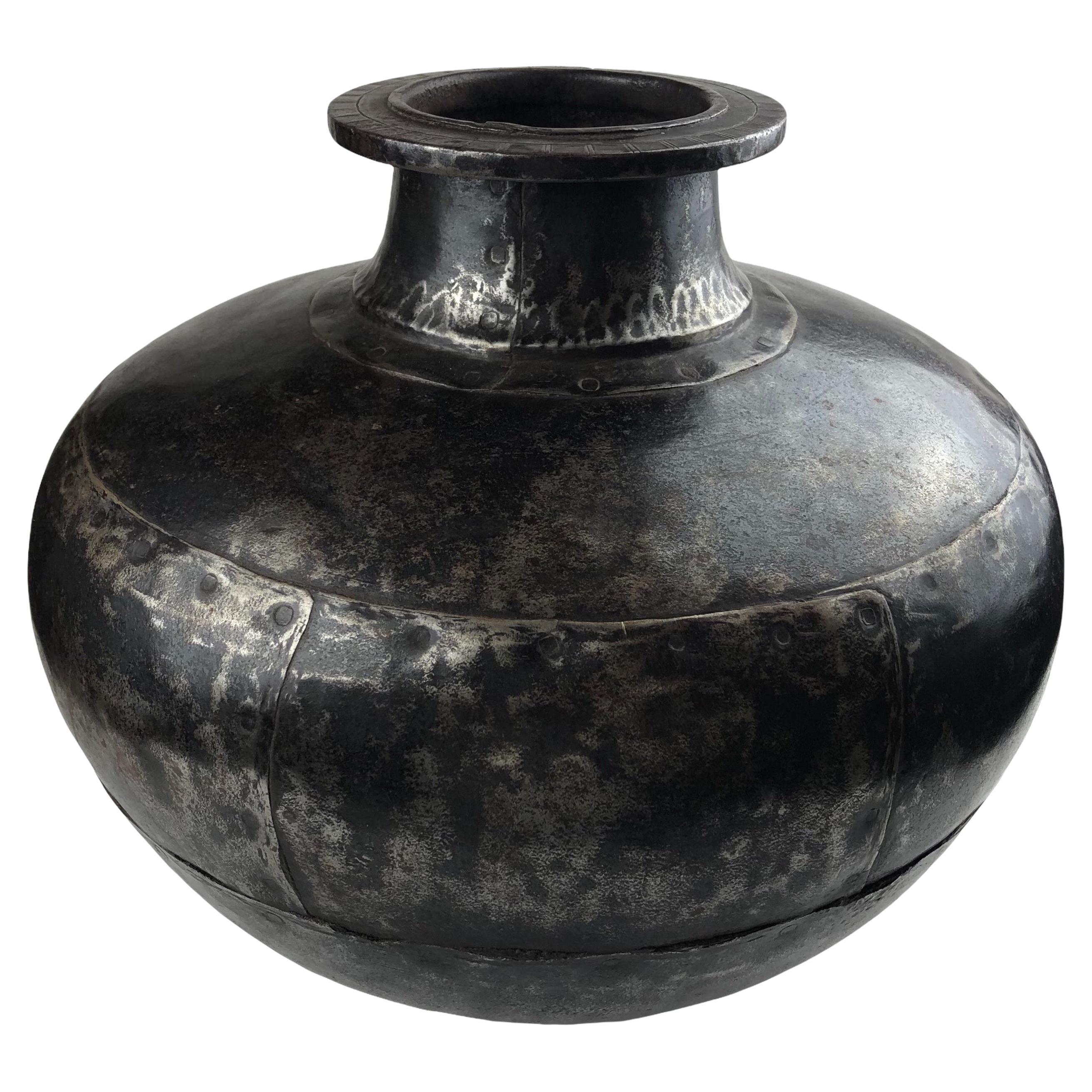 Polished Vintage Indian Metal Vase or Pot with Weathered Patina