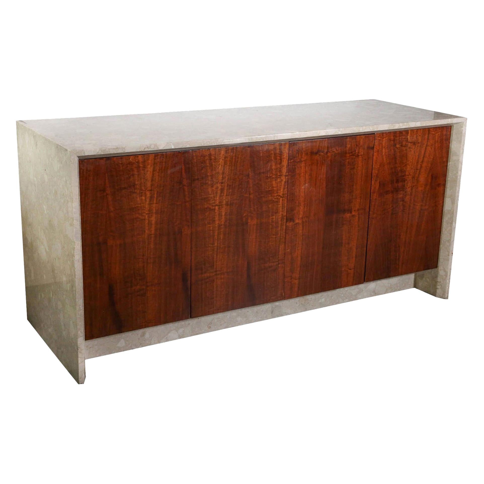 Polished White, Tan and Brown Travertine Marble and Rosewood Two-Sided Sideboard For Sale