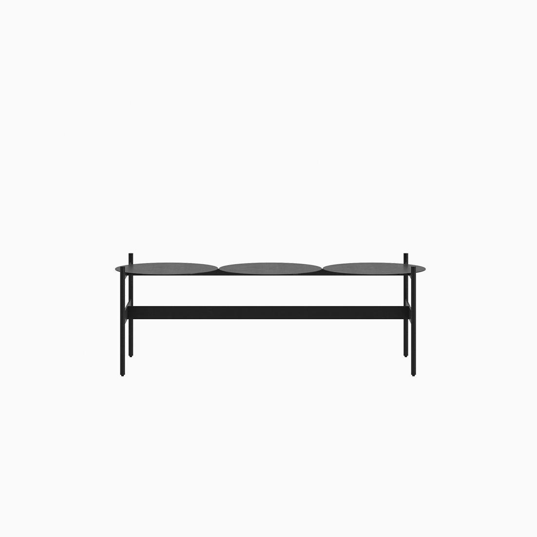 The polka bench is crafted in metal and coated with matte electrostatic paint finish, it is ideal as an accent piece in a hallway, or as a funcional item suitable for both, info and outdoor. 