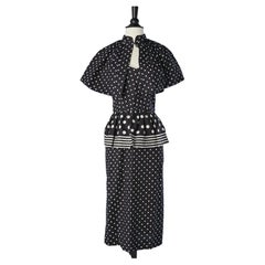 Polka dot cotton bustier dress and cape ensemble Victor Costa 