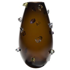 Polka Dot Cristal, Rich Brown Glass Vase with Cut Crystals by Hanne Enemark
