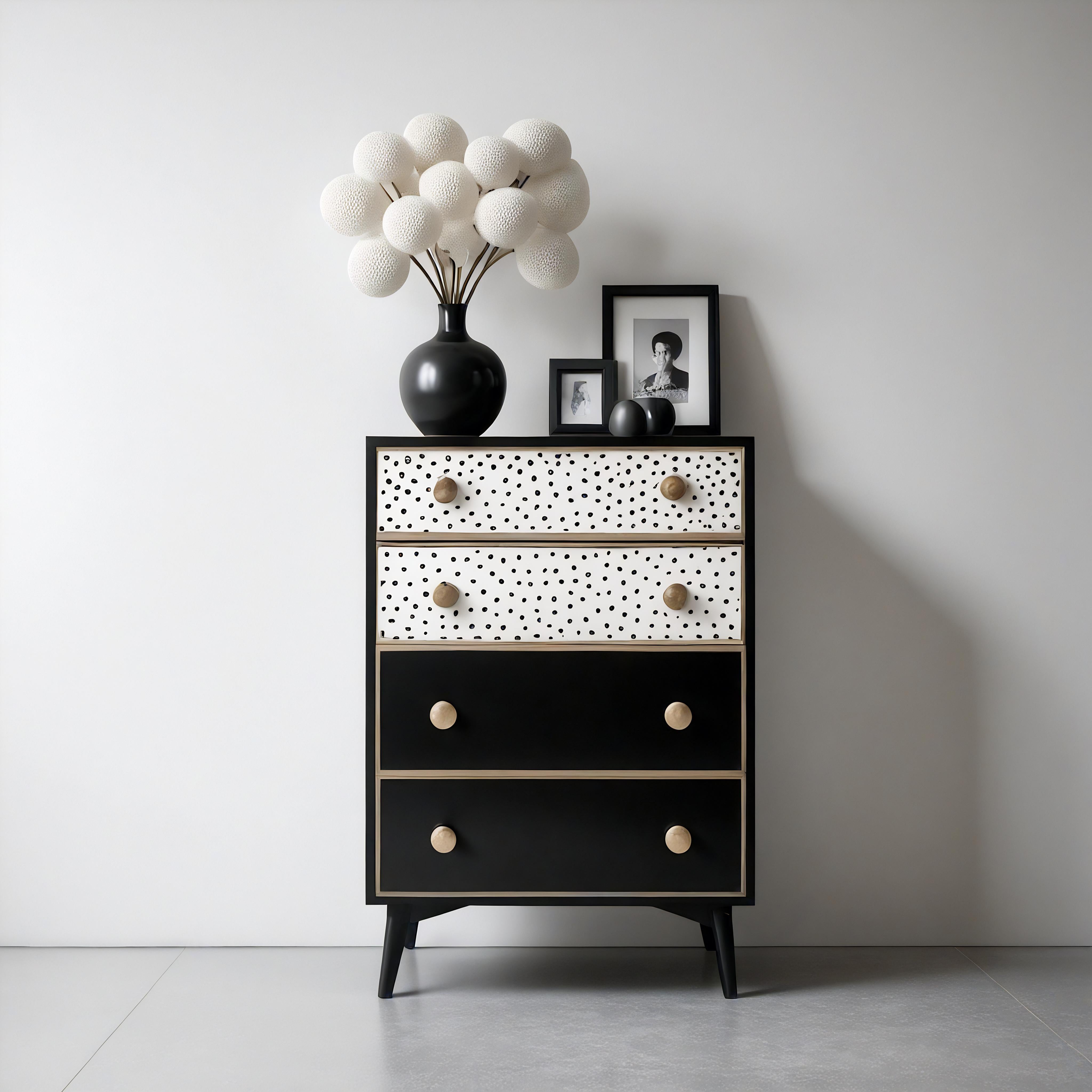 Cassettiera a pois in bianco e nero ispirata a Kusama

Aggiungi una ventata di creatività e stile al tuo spazio con la nostra cassettiera Bold Polka Dots ispirata a Kusama. Ispirato agli iconici disegni a pois di Yayoi Kusama, questo comò unisce