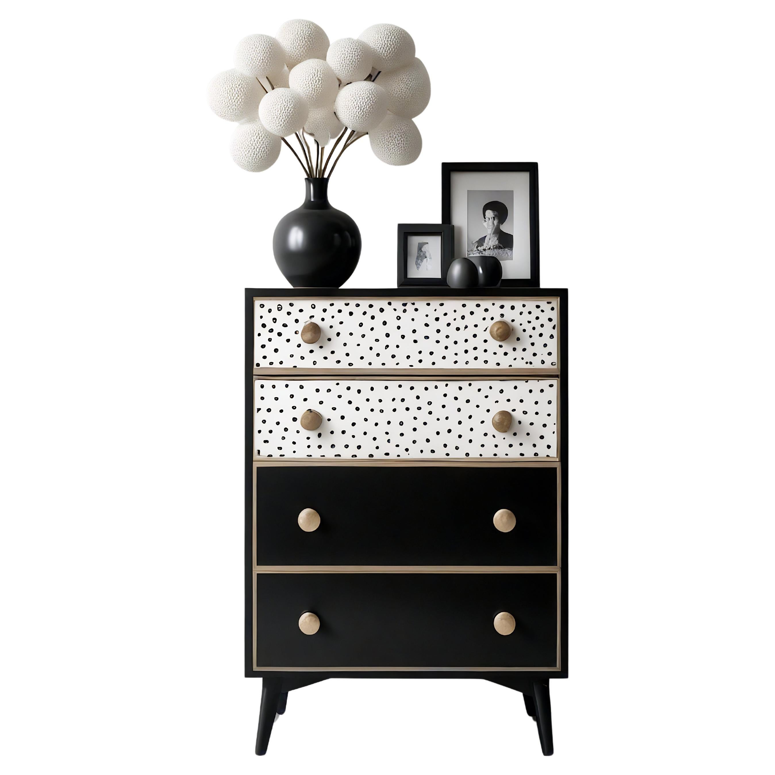 Cassettiera in bianco e nero con intarsio a pois