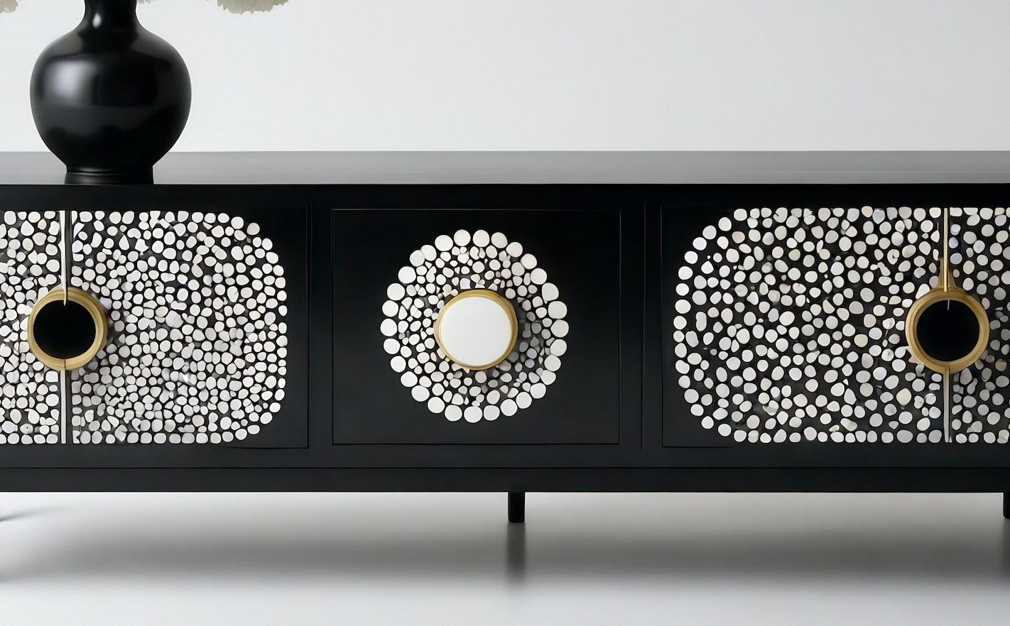 Mid-Century moderno Console multimediale in bianco e nero con intarsi a pois in vendita