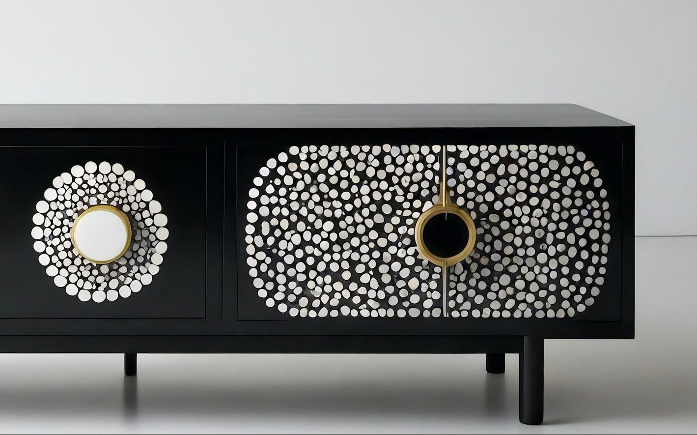 Indiano Console multimediale in bianco e nero con intarsi a pois in vendita