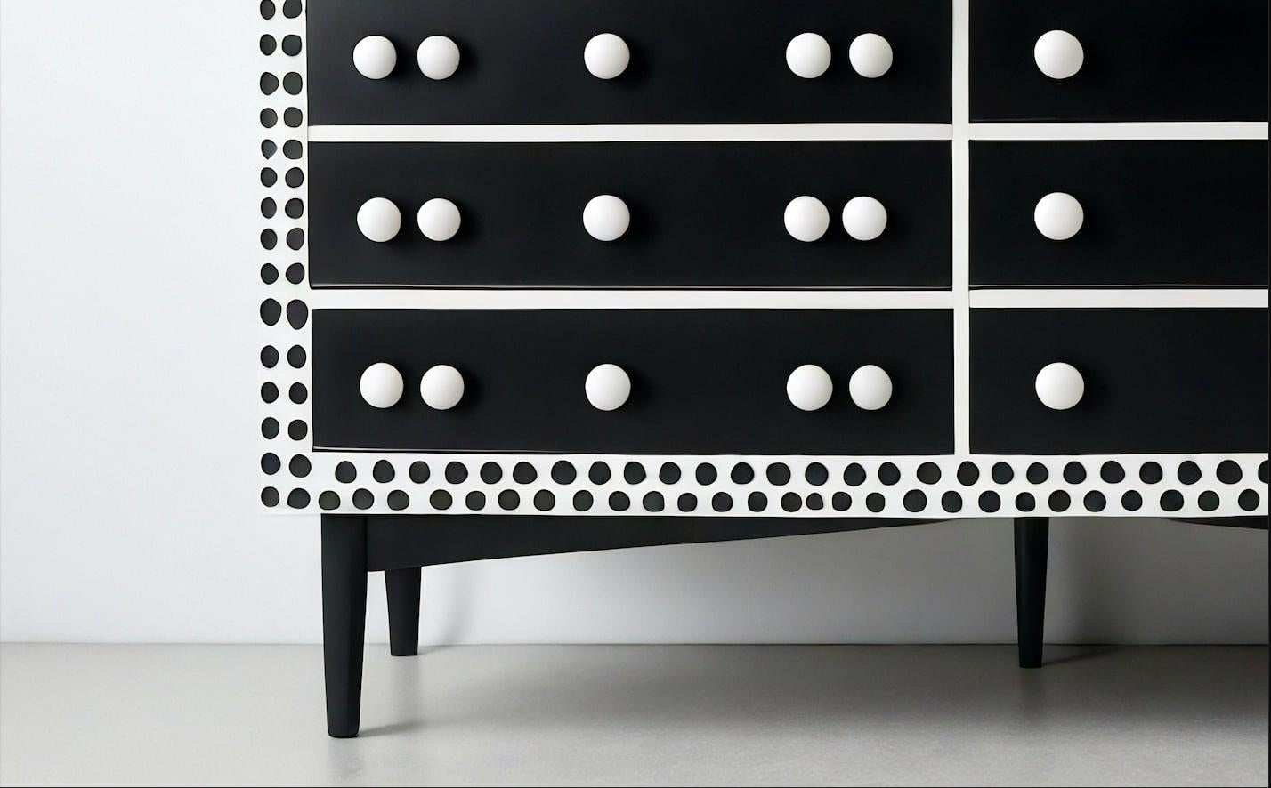 Commode noire à pois inspirée de Kusama

Ajoutez un élan de créativité et de style à votre espace avec notre commode à pois audacieux inspirée de Kusama. S'inspirant des motifs à pois emblématiques de Yayoi Kusama, cette commode allie un art vibrant