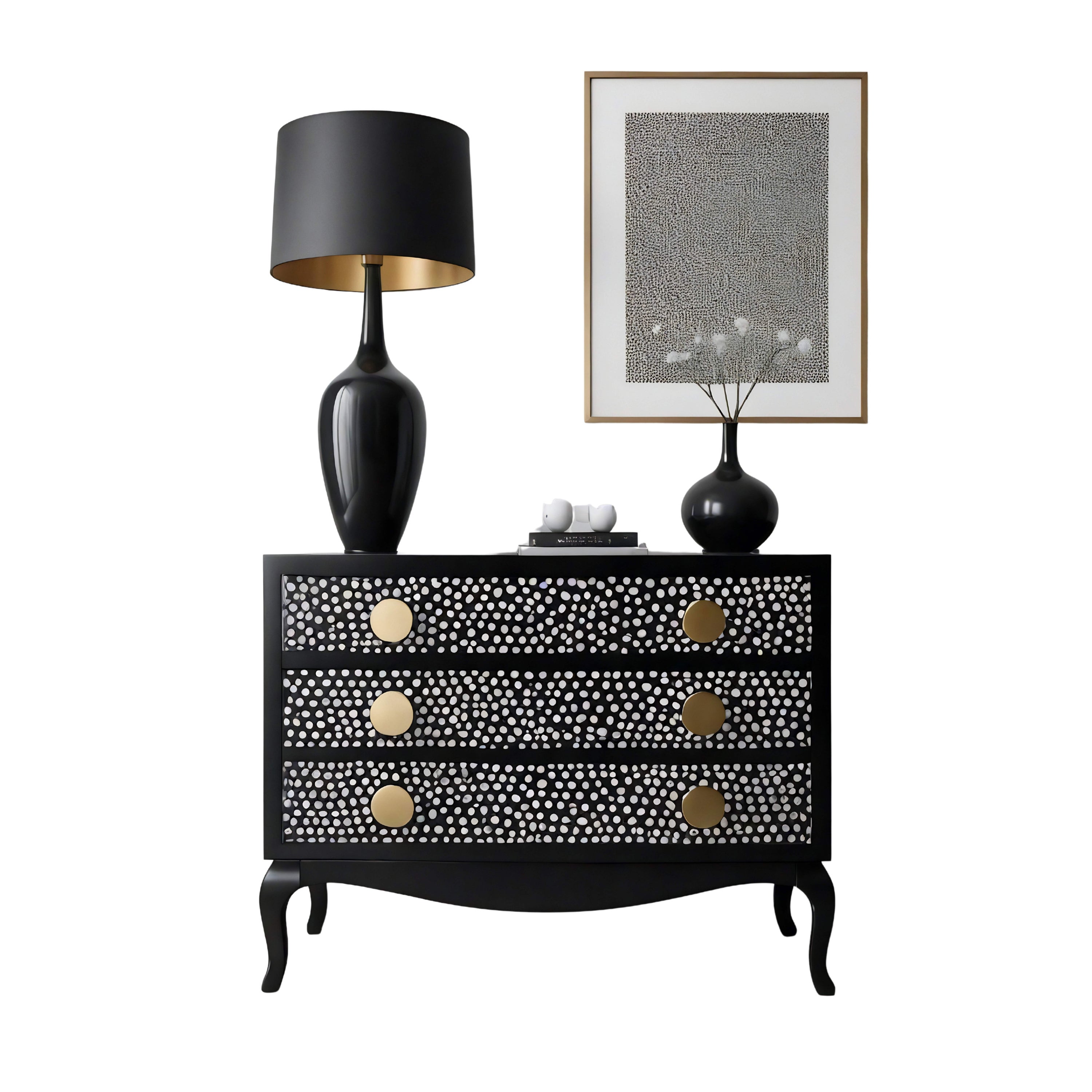 Polka Dot Inlay Black Chest of Drawers For Sale
