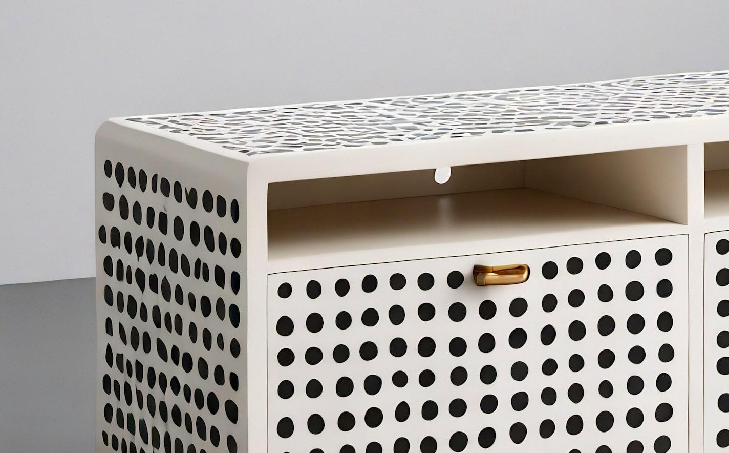 Indian Polka Dot Inlay White Media Console For Sale