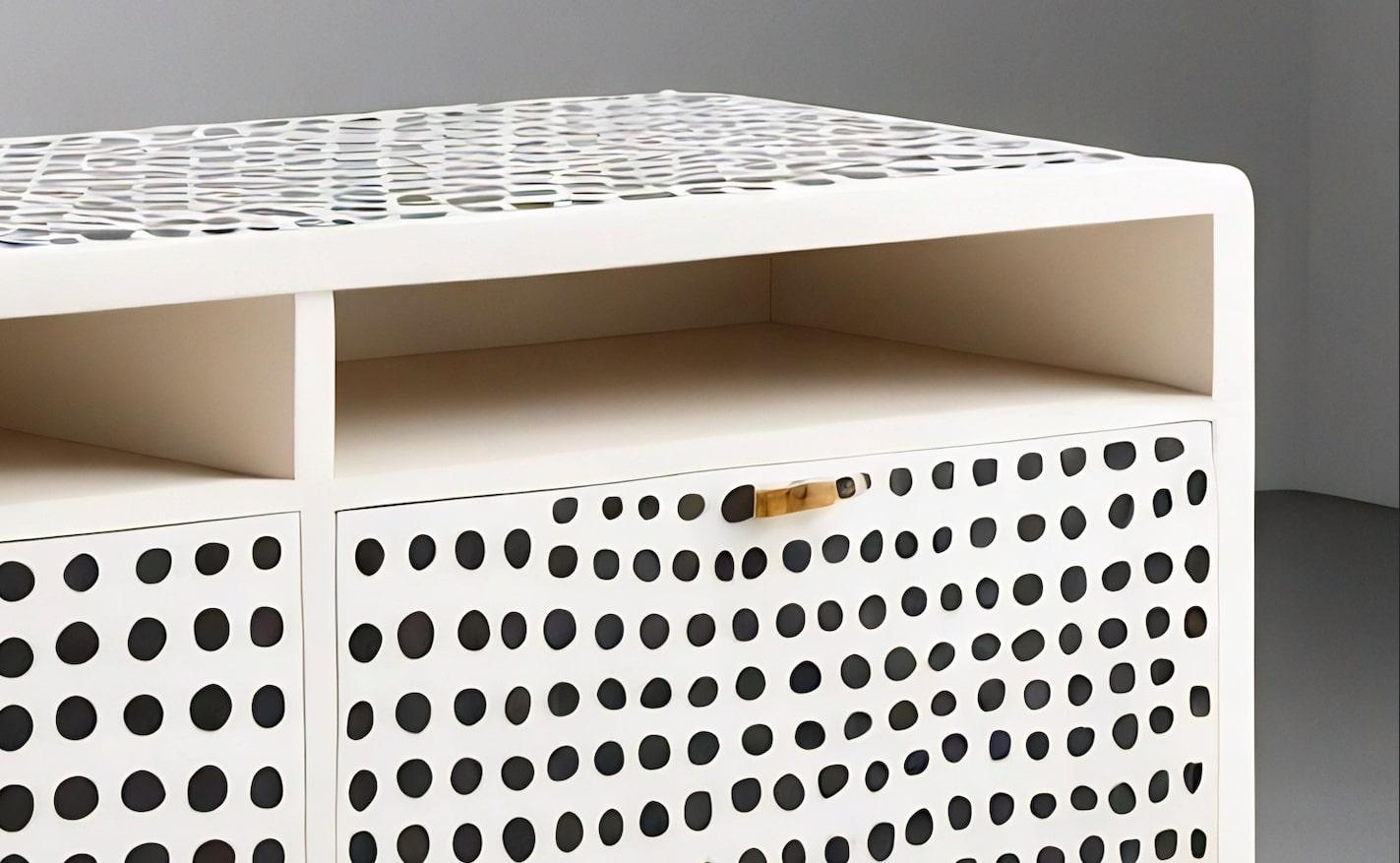 Polka Dot Inlay White Media Console In New Condition For Sale In New York, NY