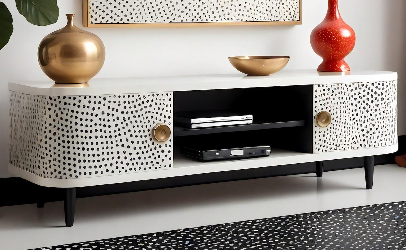 Intarsio Console multimediale bianca con intarsio a pois in vendita