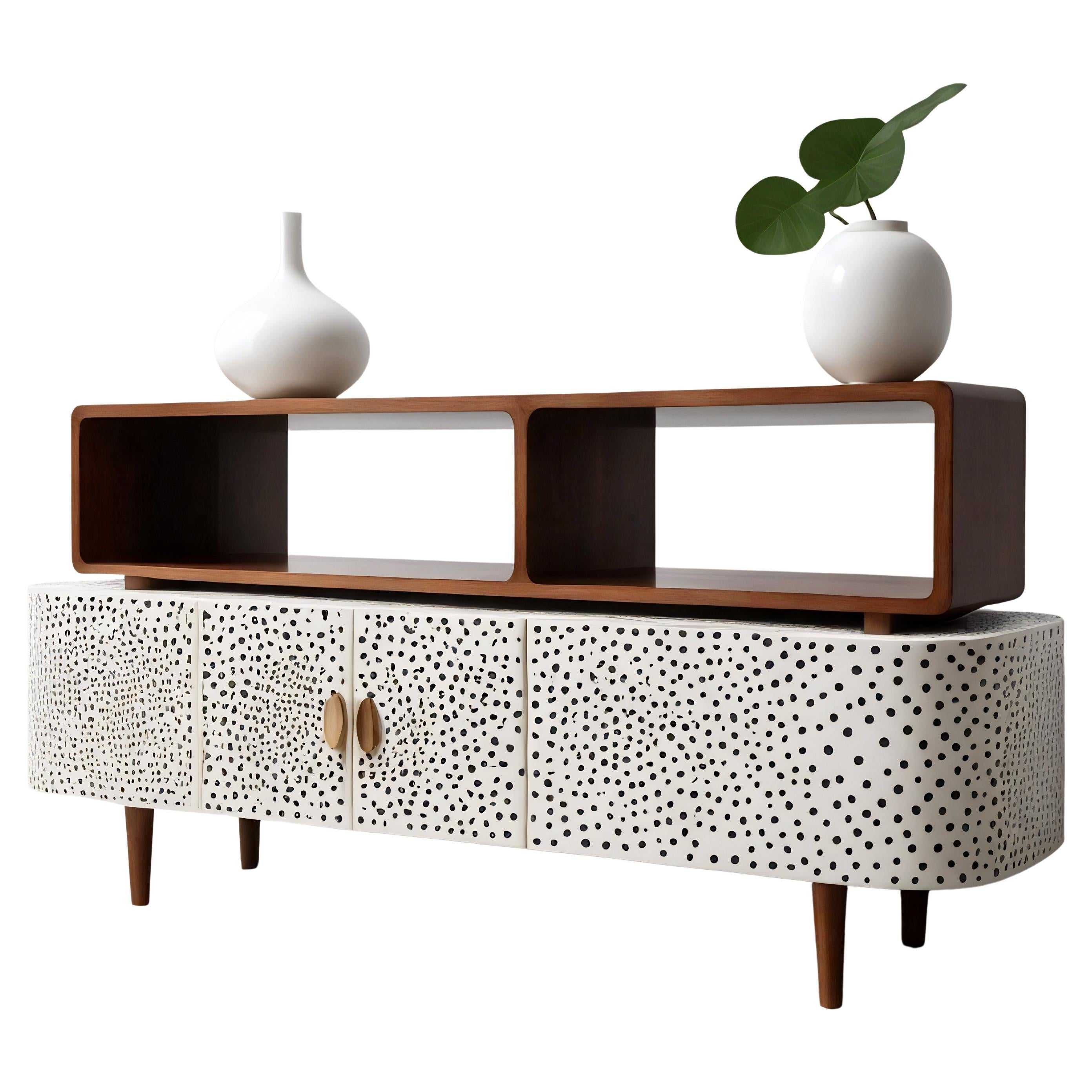 Weiße Medienkonsole mit Polka Dot Inlay und Holzregal im Angebot