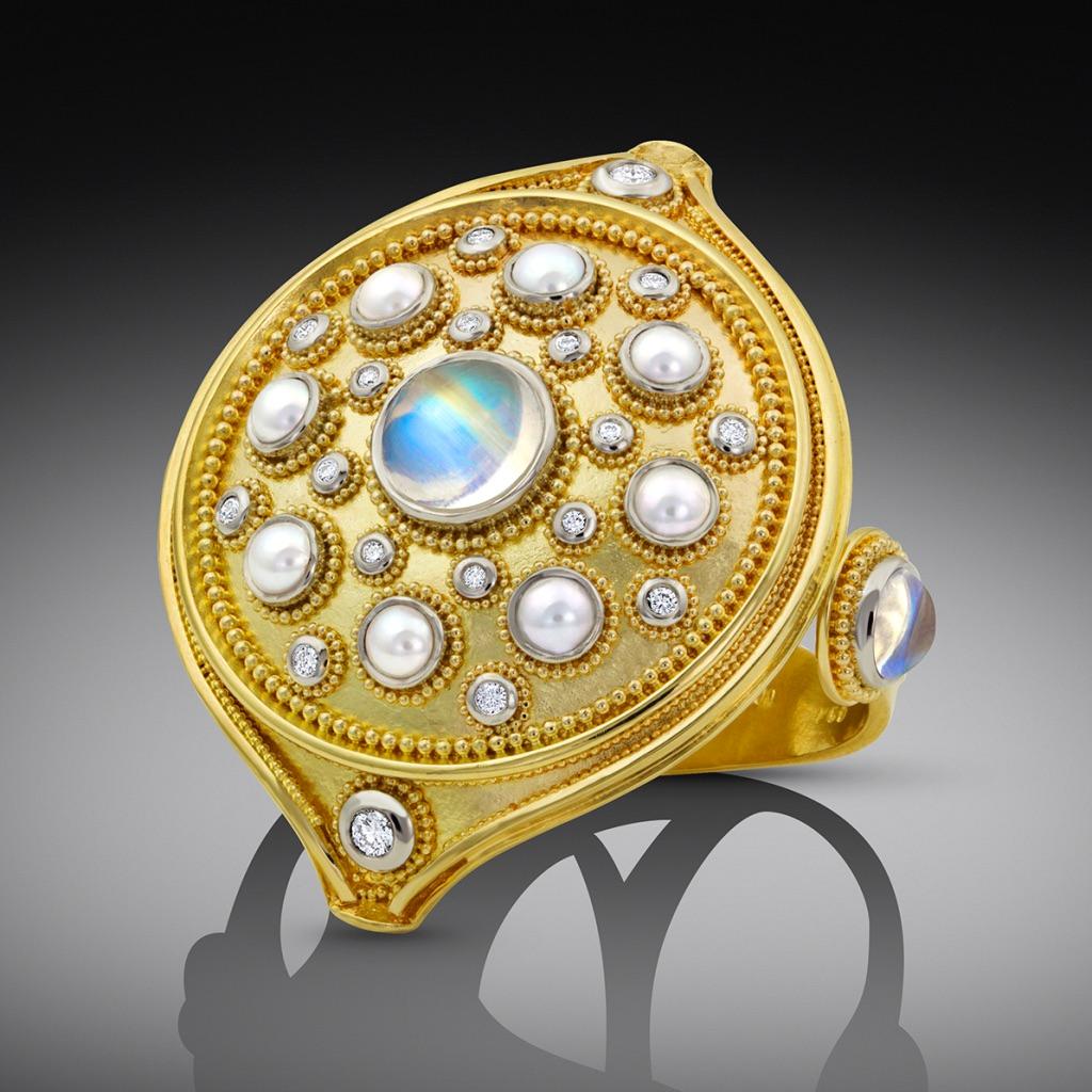 Women's Polka Dot Mandala, a Kent Raible Hand Ornament 18K Gold, Platinum Cocktail Ring For Sale
