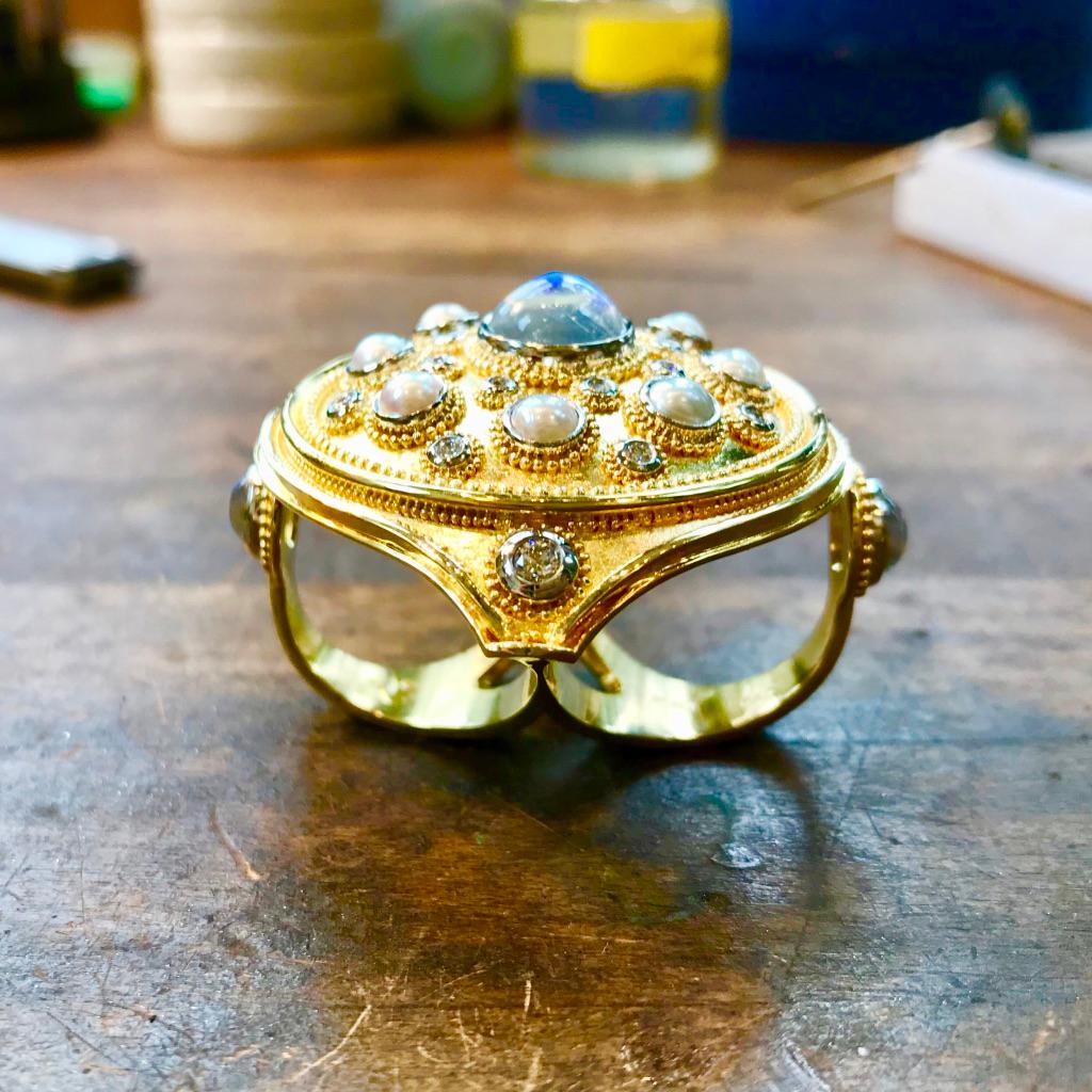 Round Cut Polka Dot Mandala, a Kent Raible Hand Ornament 18K Gold, Platinum Cocktail Ring For Sale