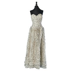 Polka-dots bustier evening dress with drape and ruffles Vicky Tiel Circa 1980's