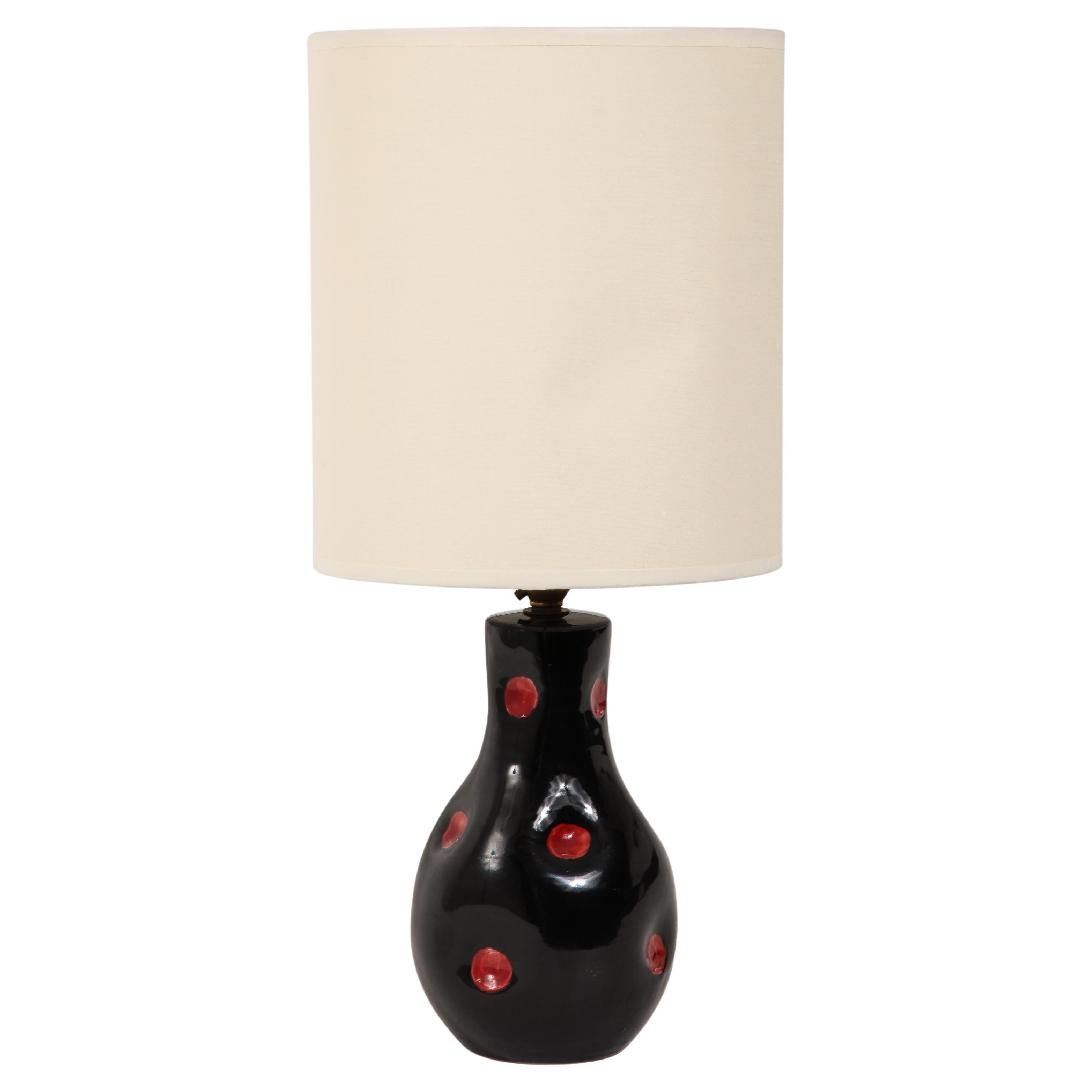 Red Polka Dots & Black Ceramic Table lamp, Italy 1960's For Sale
