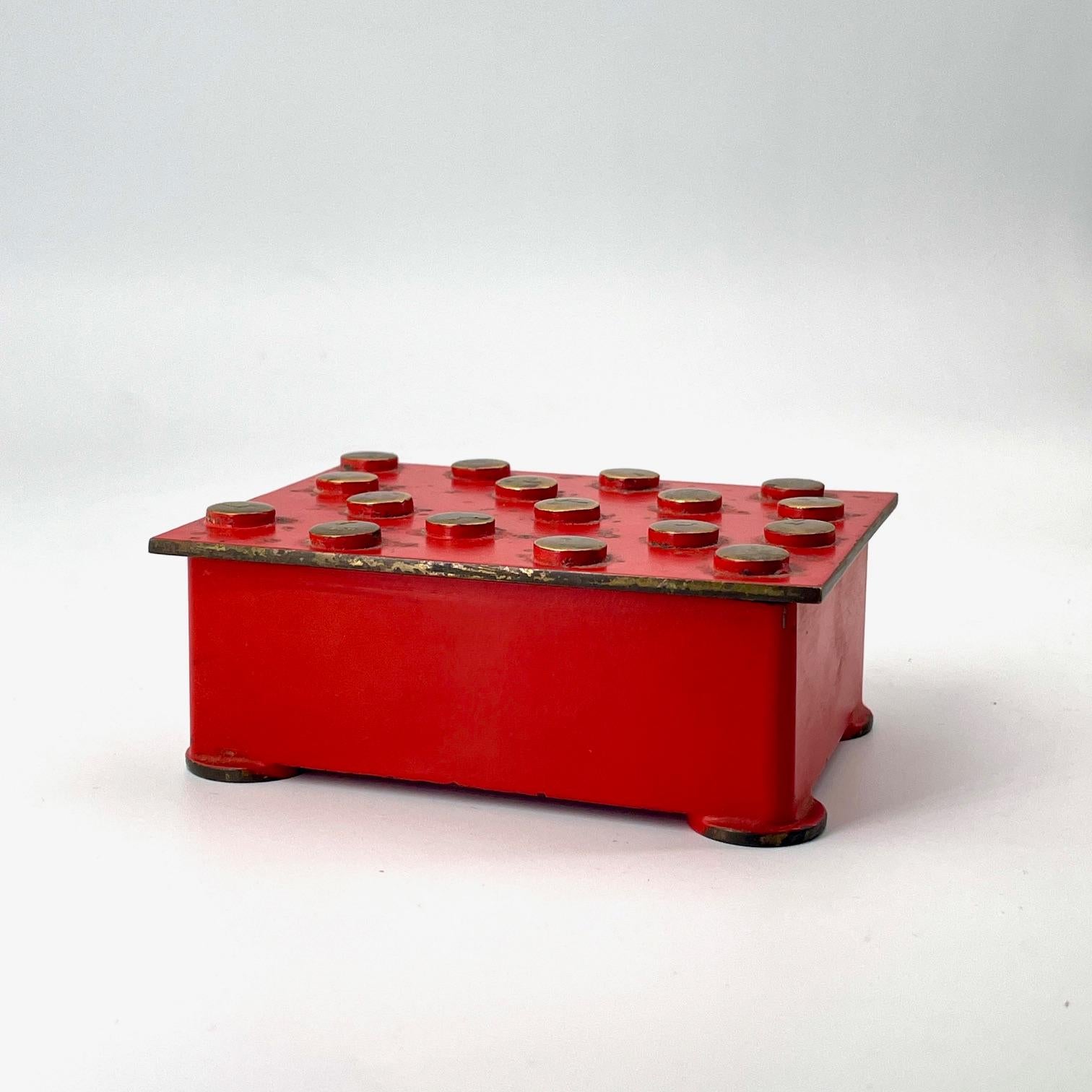 Mid-Century Modern Polkadot Brass Trinket Cigarette Jewelry Box Red Deco Aubock Werkstatte Style  For Sale