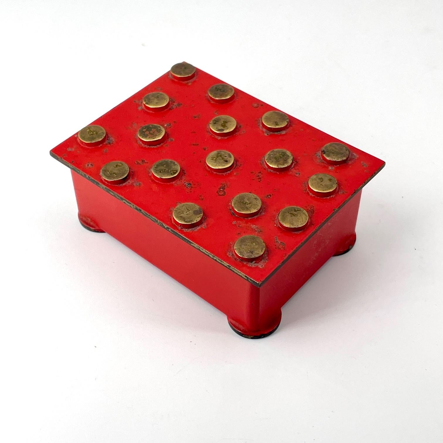 Austrian Polkadot Brass Trinket Cigarette Jewelry Box Red Deco Aubock Werkstatte Style  For Sale