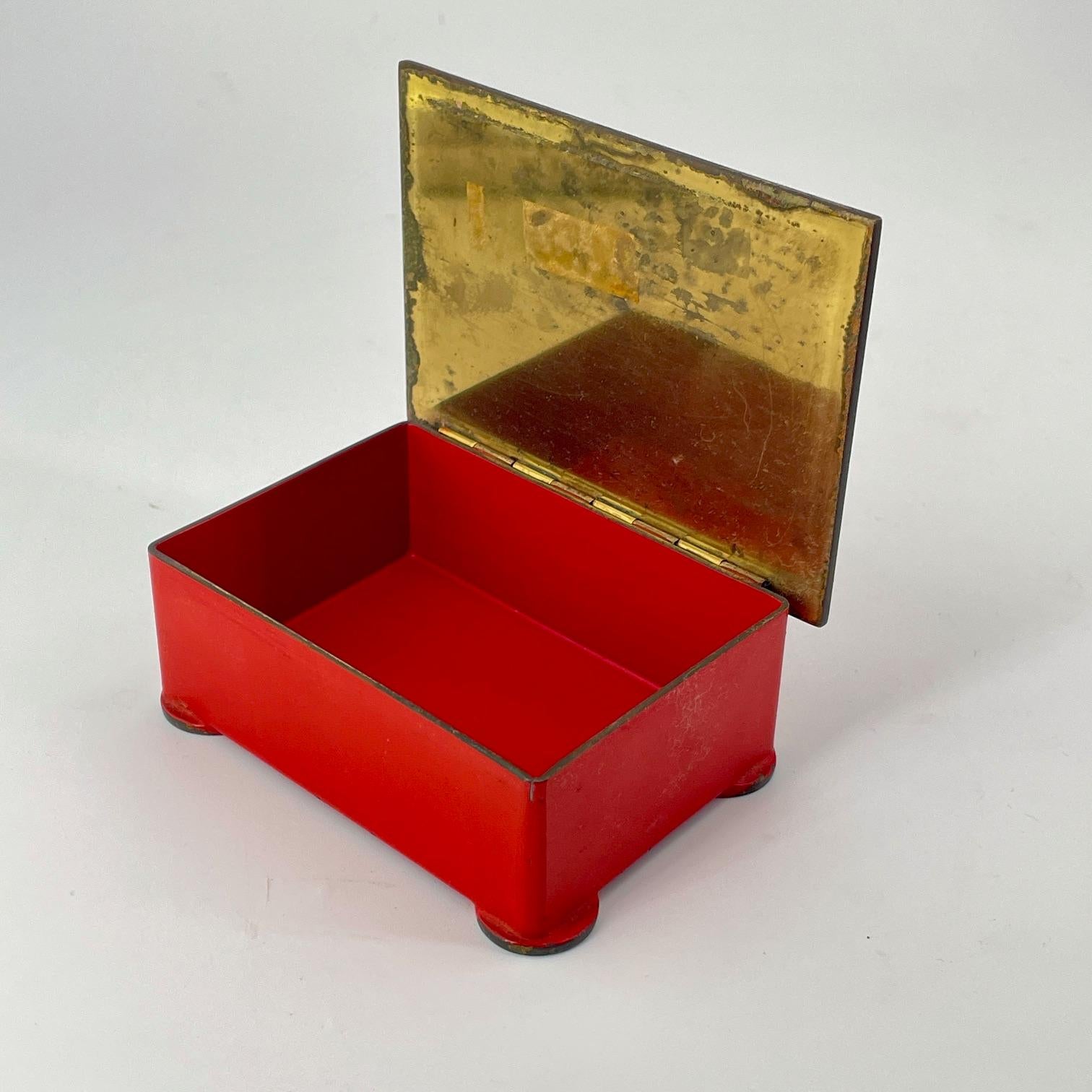 Hand-Crafted Polkadot Brass Trinket Cigarette Jewelry Box Red Deco Aubock Werkstatte Style  For Sale
