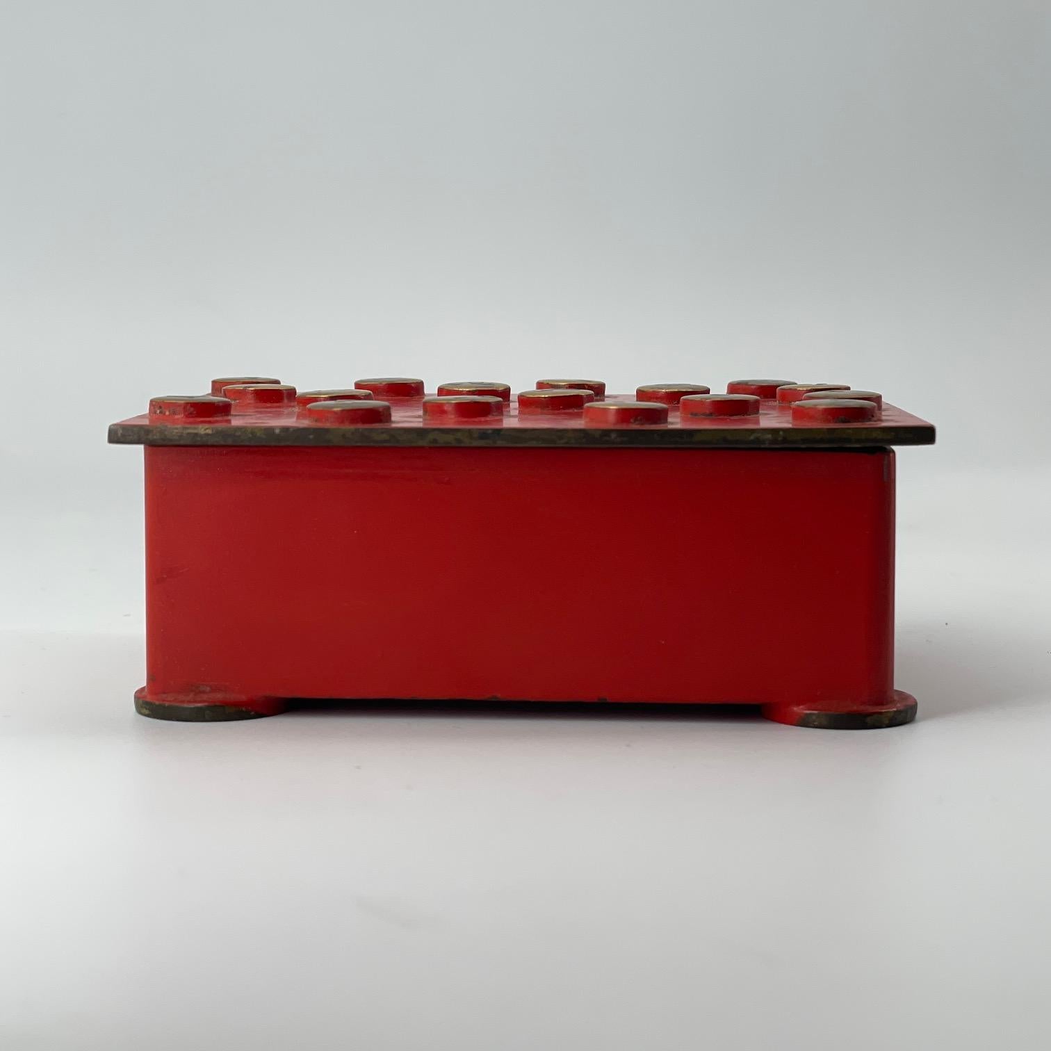 Early 20th Century Polkadot Brass Trinket Cigarette Jewelry Box Red Deco Aubock Werkstatte Style  For Sale