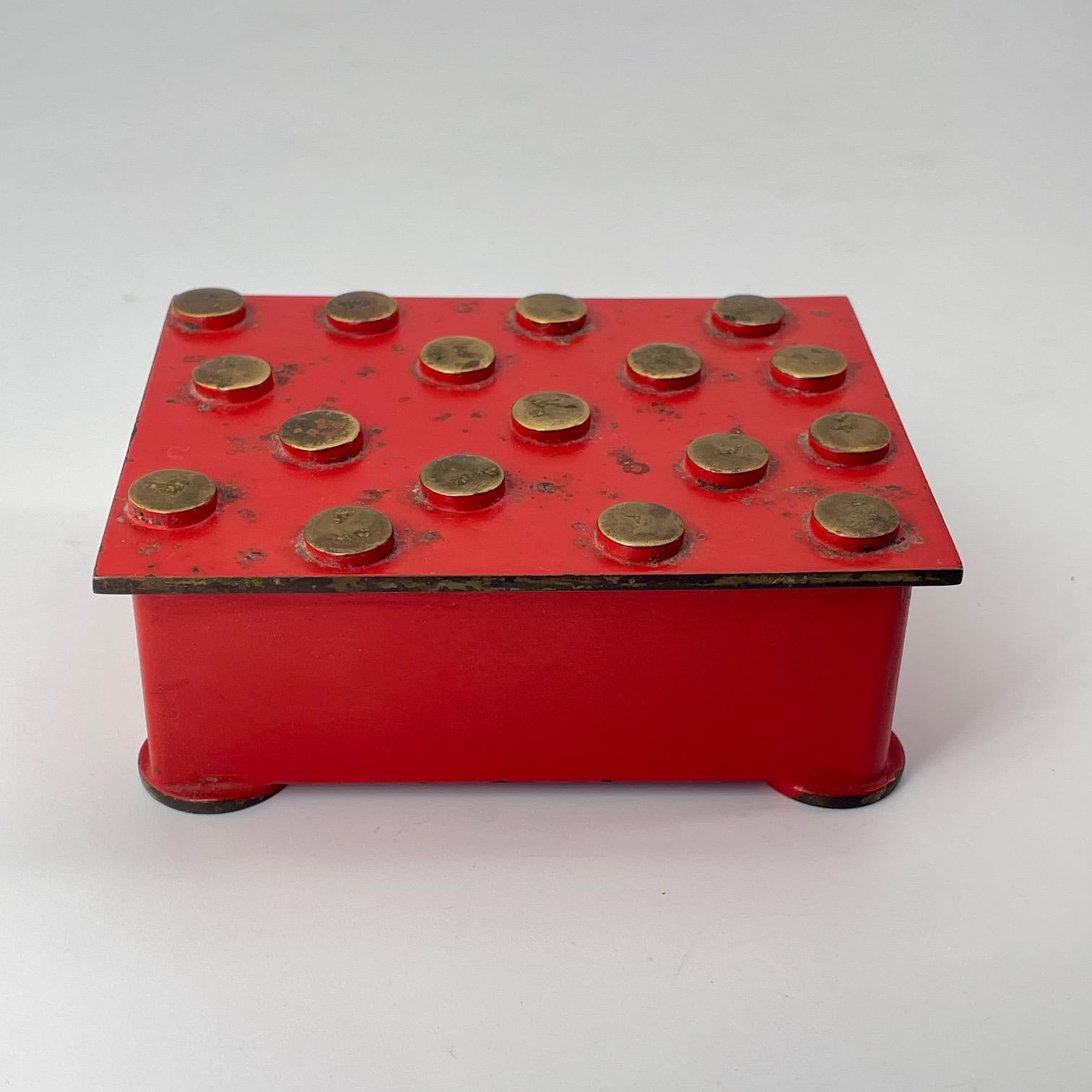 Metal Polkadot Brass Trinket Cigarette Jewelry Box Red Deco Aubock Werkstatte Style  For Sale