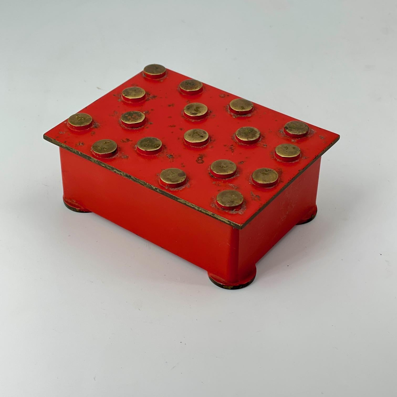Polkadot Brass Trinket Cigarette Jewelry Box Red Deco Aubock Werkstatte Style  For Sale 1
