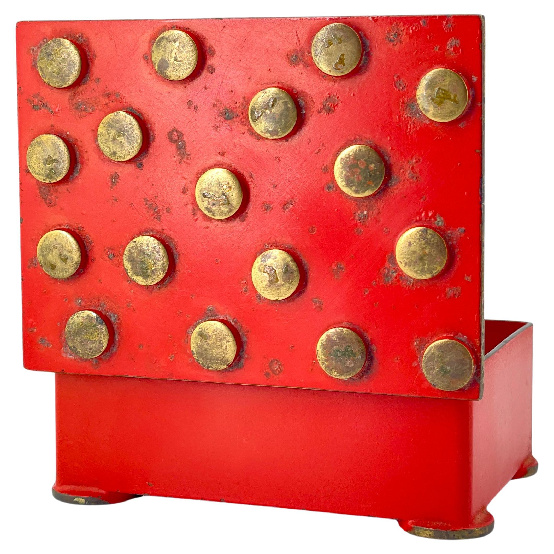 Polkadot Brass Trinket Cigarette Jewelry Box Red Deco Aubock Werkstatte Style  For Sale