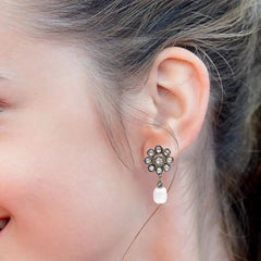 Polki Diamond and Pearl Drop Flower Earrings in Art-Deco Style