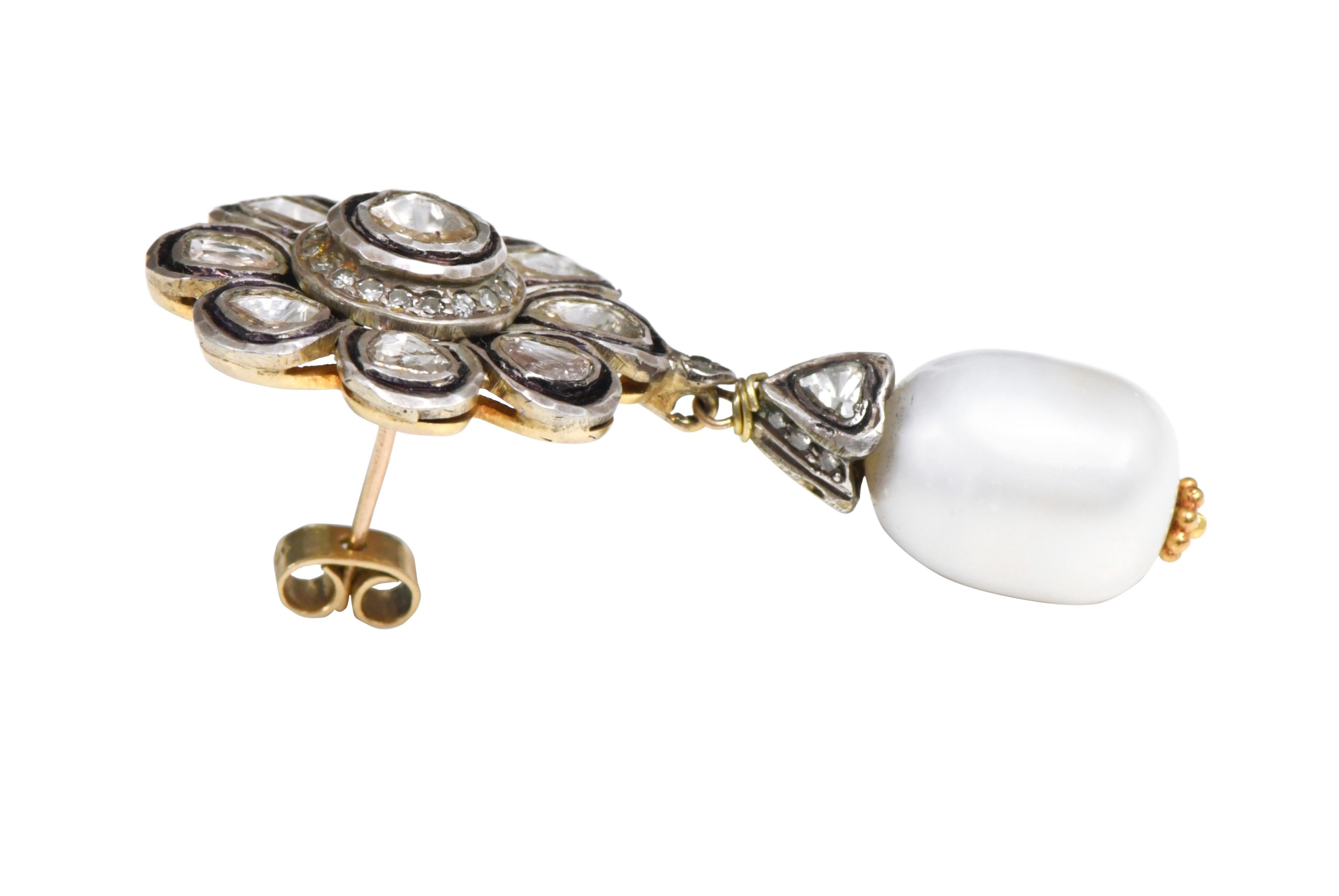 Uncut Polki Diamond and Pearl Drop Flower Earrings in Art-Deco Style For Sale
