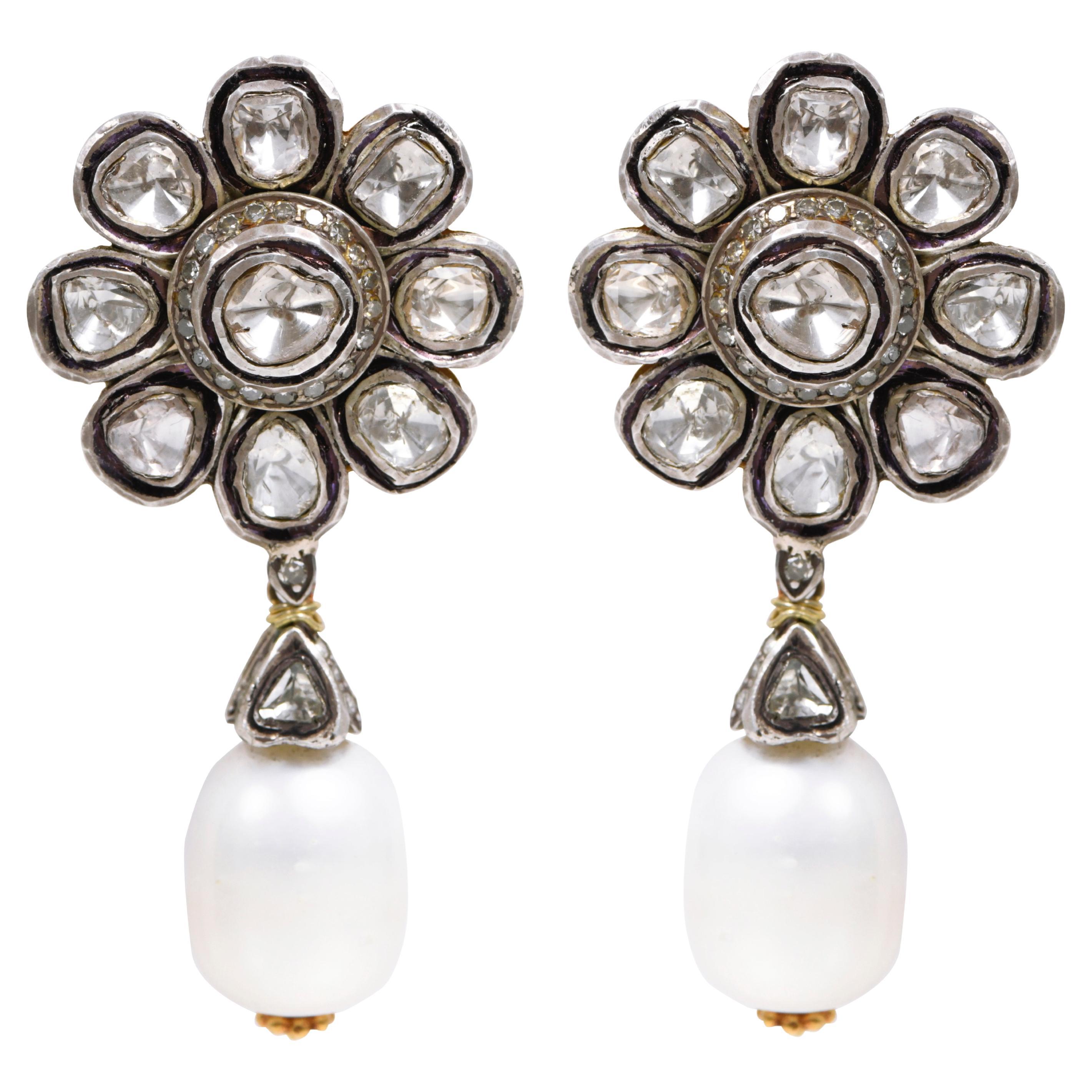 Polki Diamond and Pearl Drop Flower Earrings in Art-Deco Style