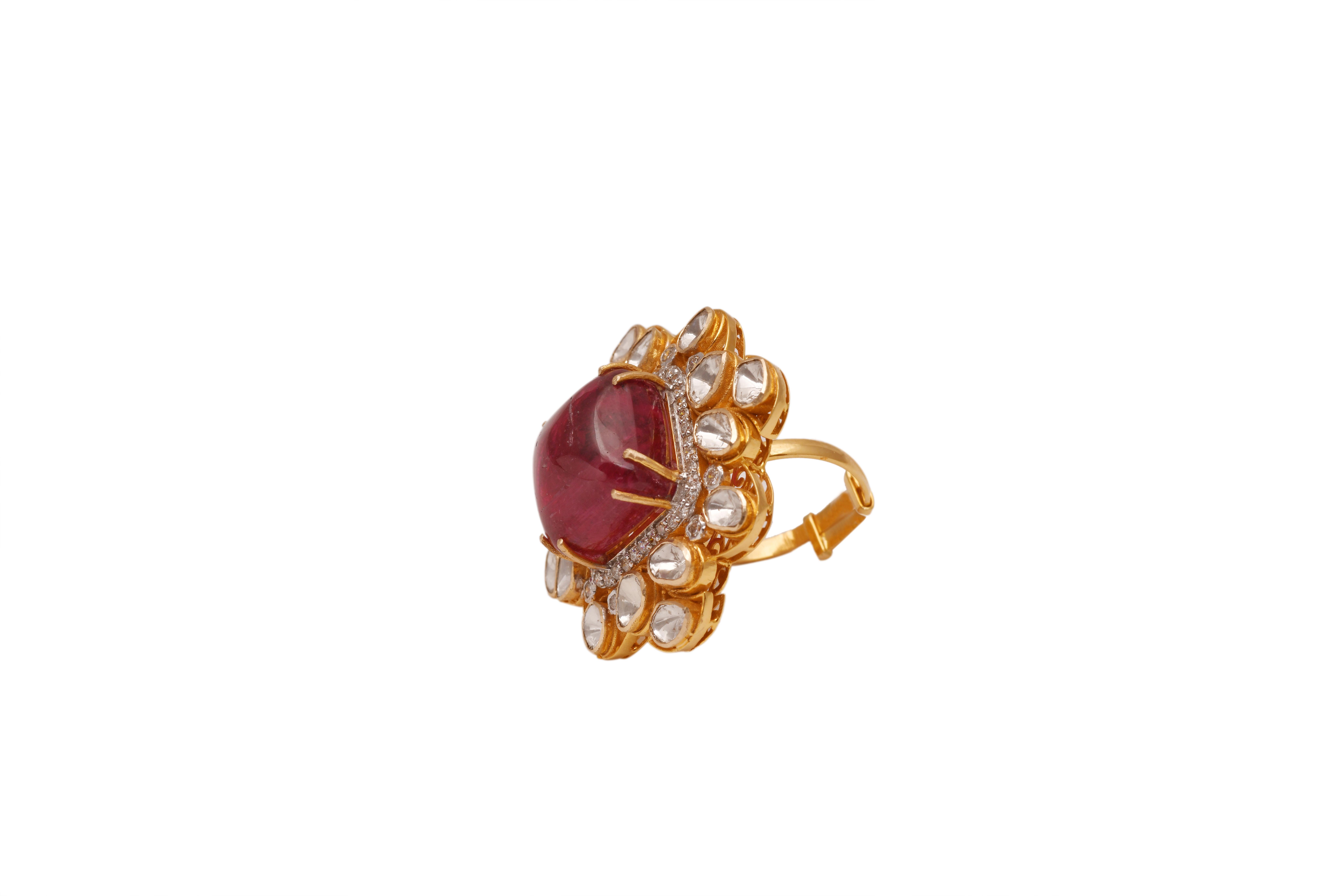 Bague en or 14k 1,40cts Polki & 0,63cts Diamant & 22,39cts Rubylight Neuf - En vente à jaipur, IN