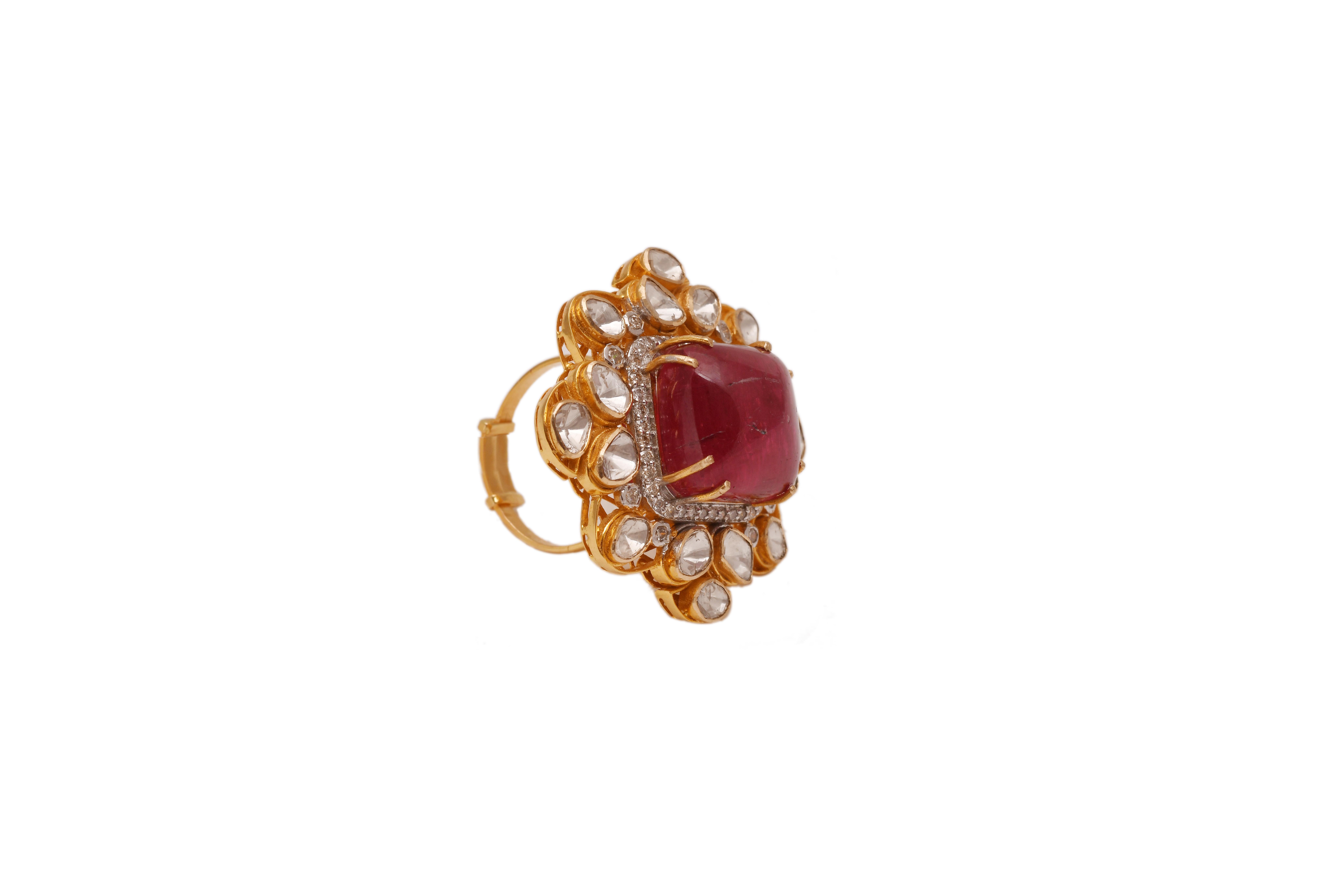 Bague en or 14k 1,40cts Polki & 0,63cts Diamant & 22,39cts Rubylight Pour femmes en vente