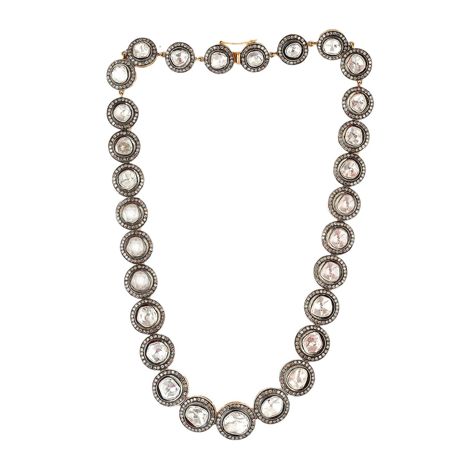 Einzelne Linie Polki-Diamant-Halskette mit abgestufter Diamod-Größe in Silber und Gold im Zustand „Neu“ in New York, NY