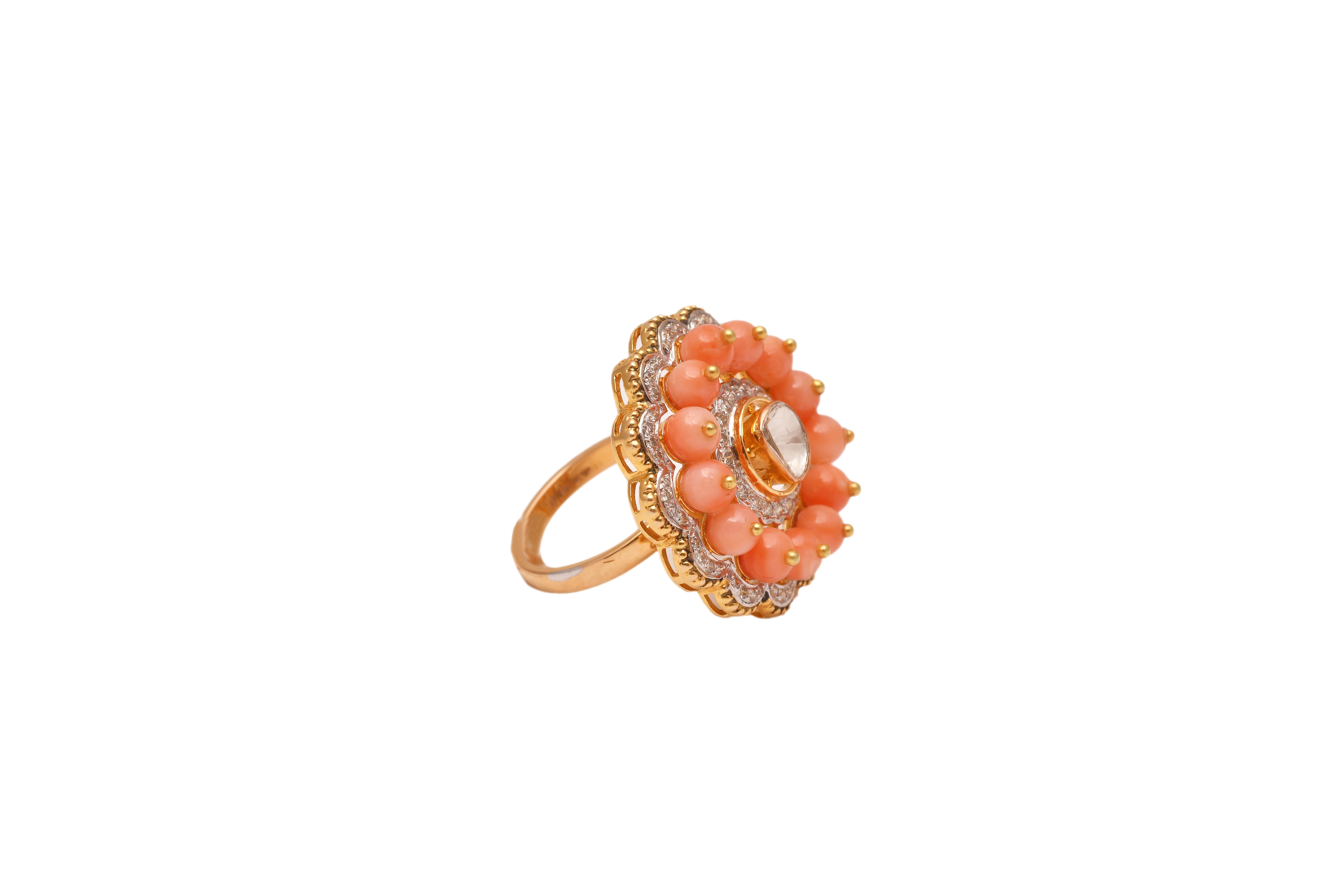 Polki diamond  coral gold 18k ring 