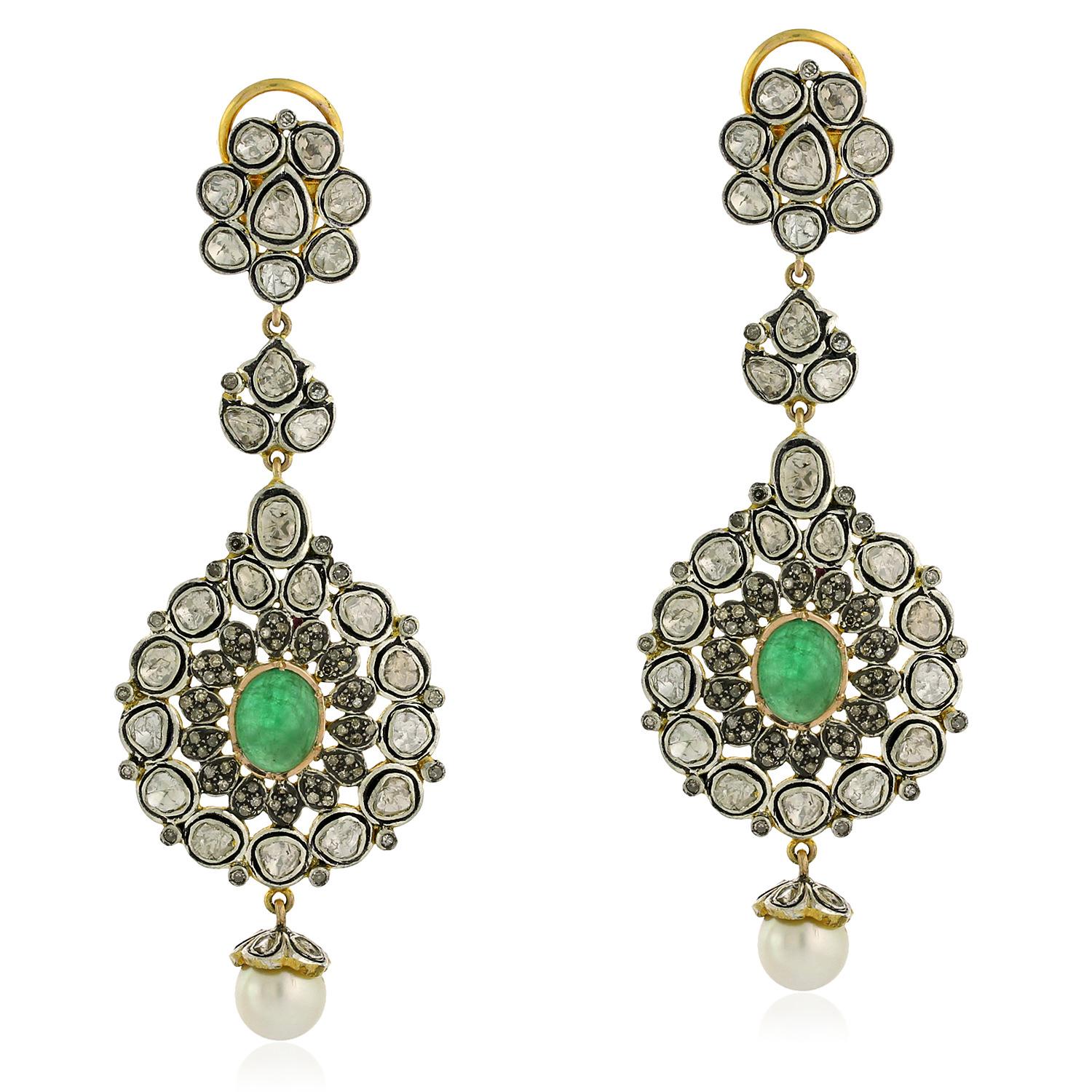 Polki Diamant-Ohrring-Set mit Smaragd und Perle aus Gold und Silber