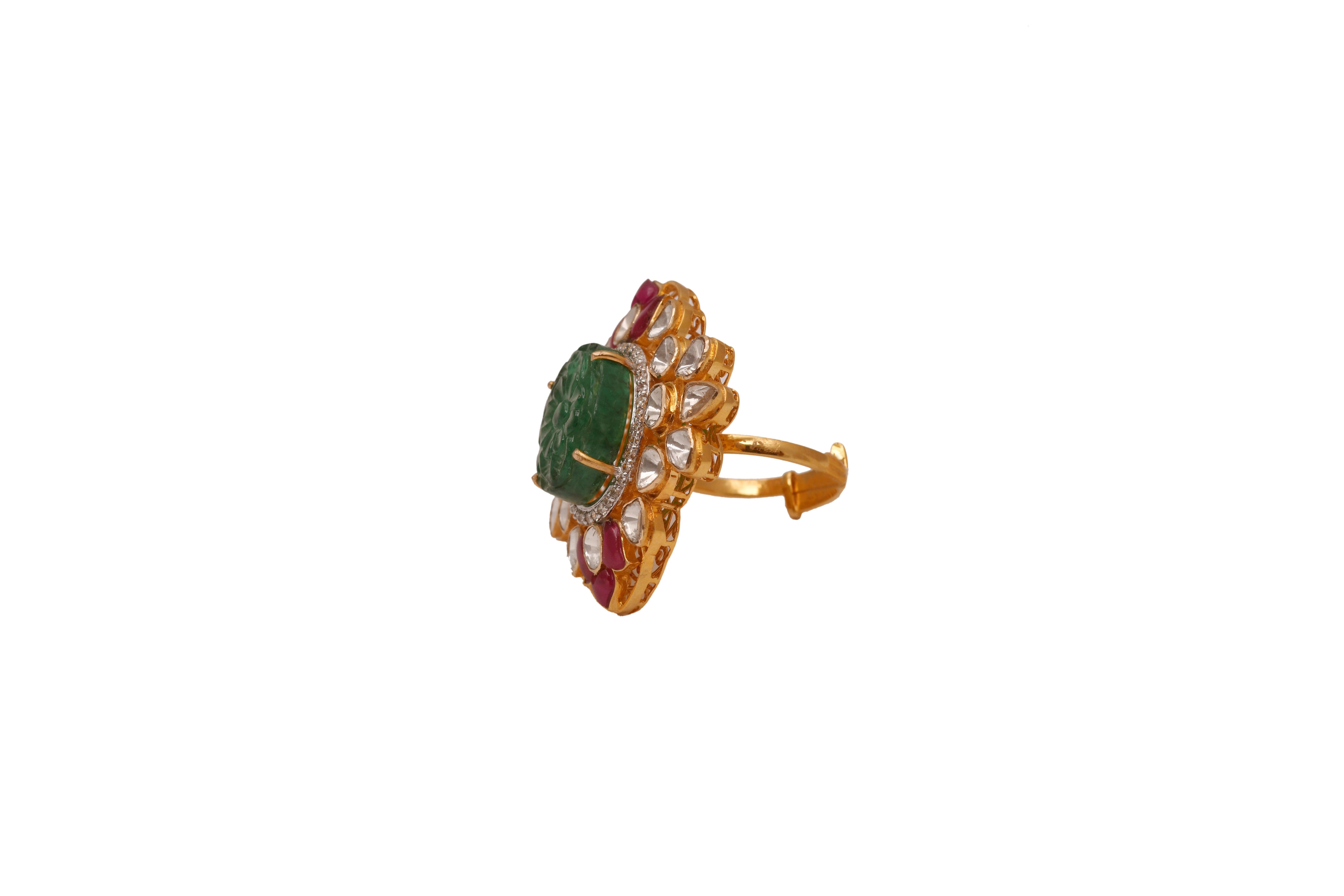 Emerald Cut 14k gold 1.37cts Polki & 0.41cts  Diamond & 10.64cts Emerald & 1.30cts semi Ring For Sale