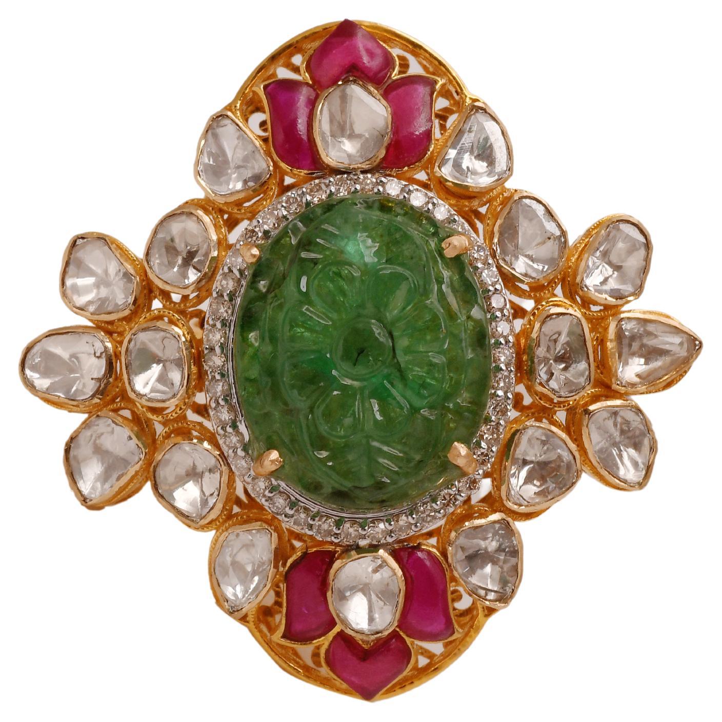 14k gold 1.37cts Polki & 0.41cts  Diamond & 10.64cts Emerald & 1.30cts semi Ring For Sale