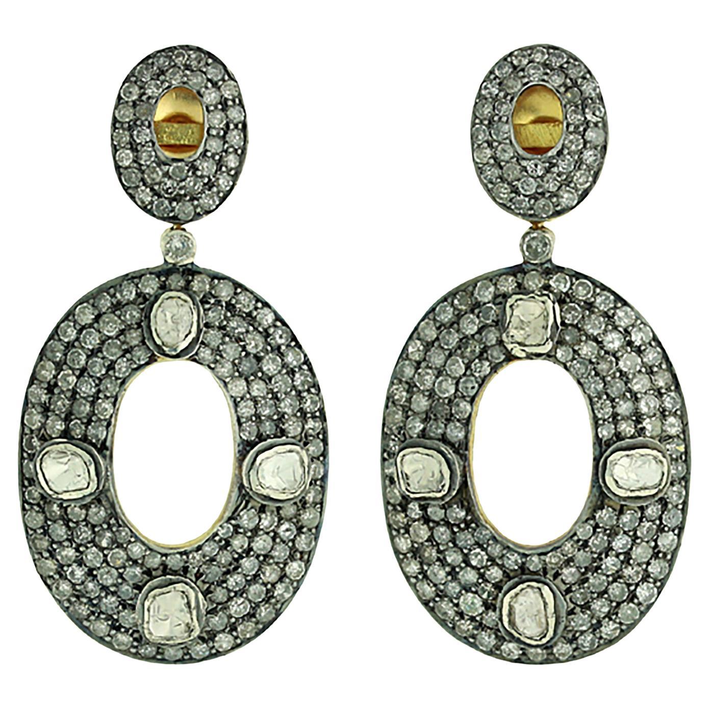 Polki Diamond Halo Statement Oval Earrings In 14k Gold 
Silver For Sale